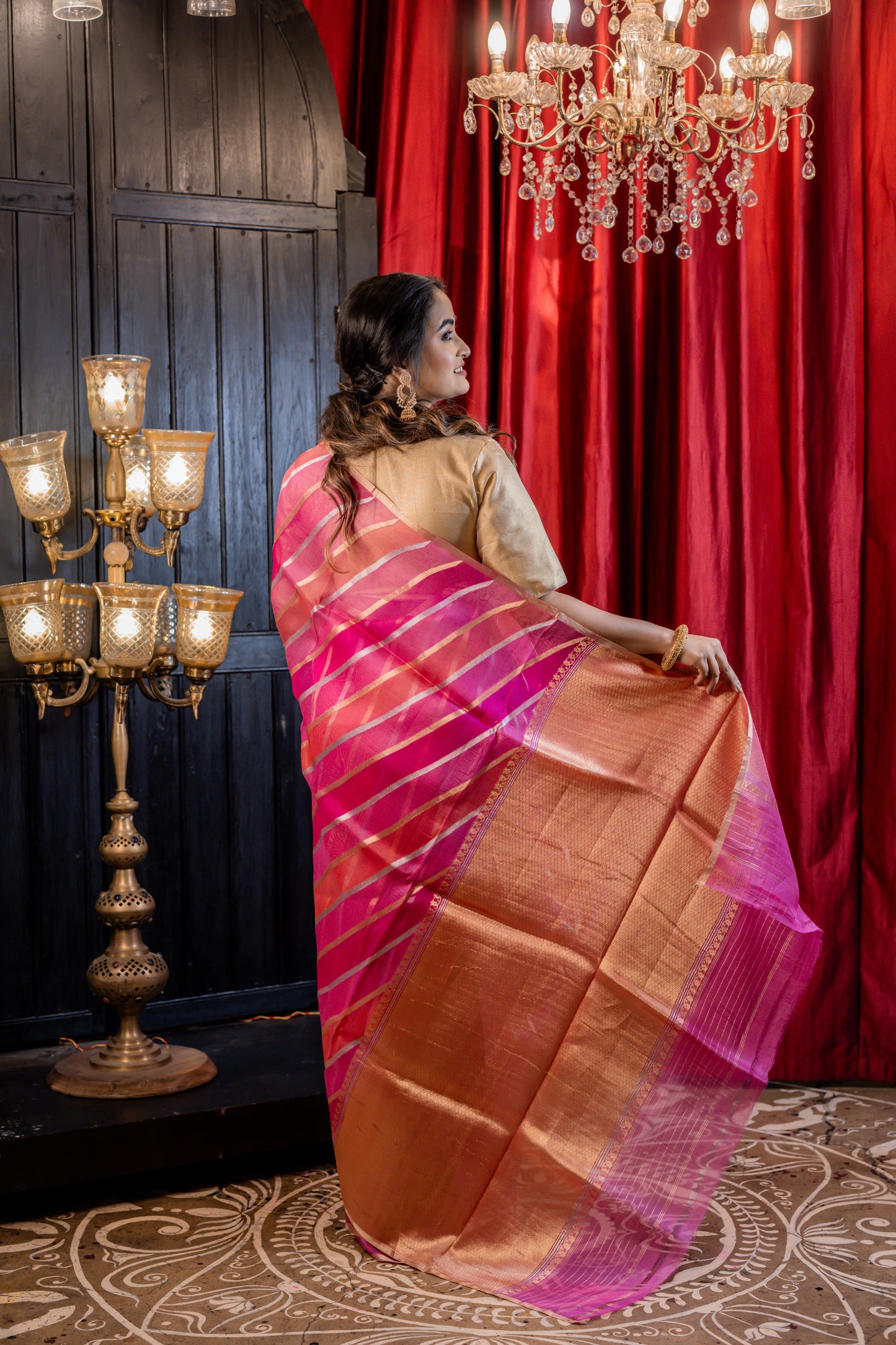 Pink, Magenta & Orange with Sona Rupa Zari Kora Rangkaat with Kadhua Stripe Rifling