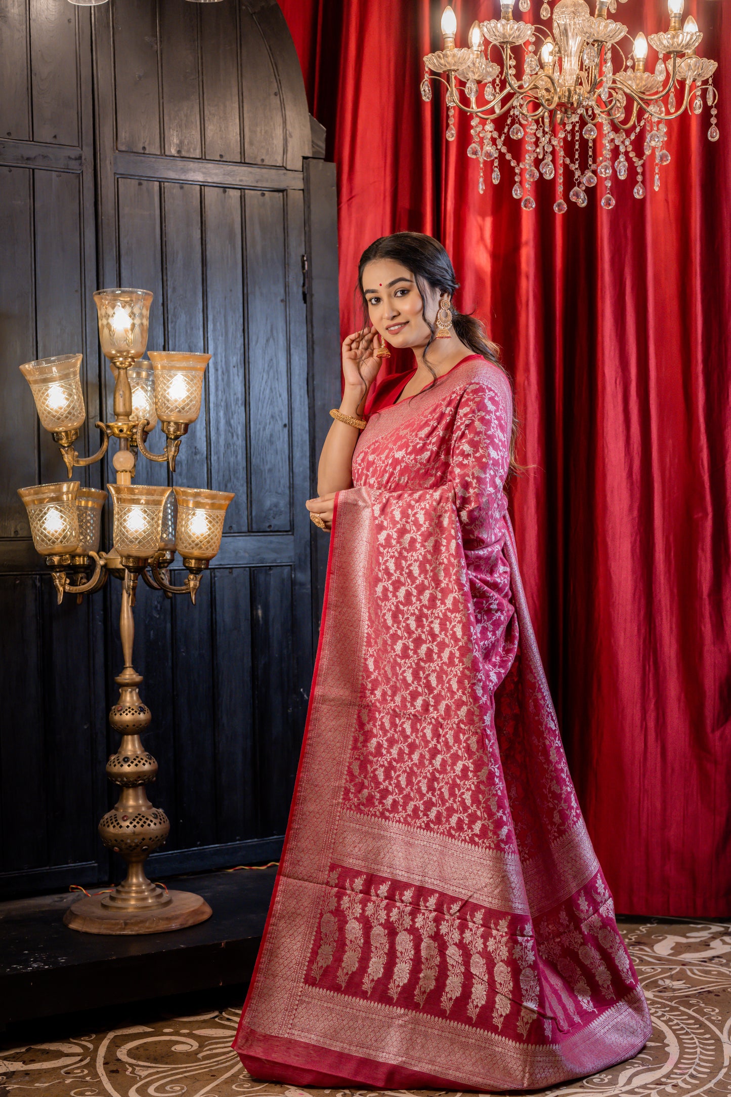 Light Red with Cream Gold Zari Munga Allover Jaal work