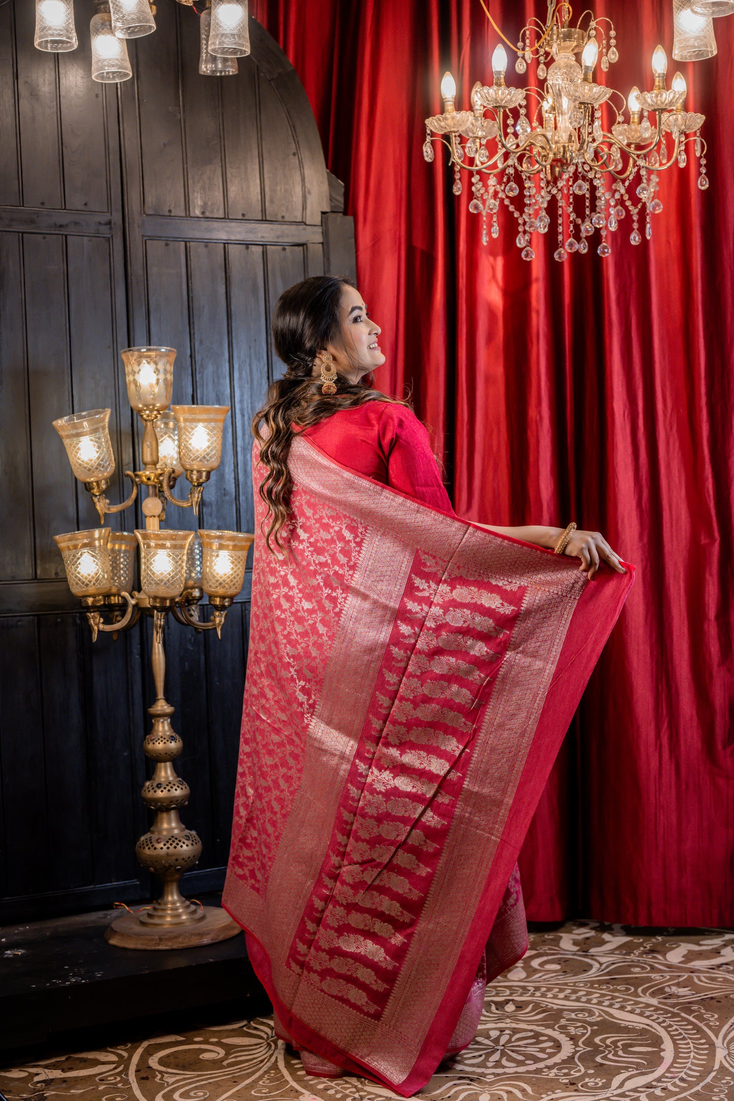 Light Red with Cream Gold Zari Munga Allover Jaal work