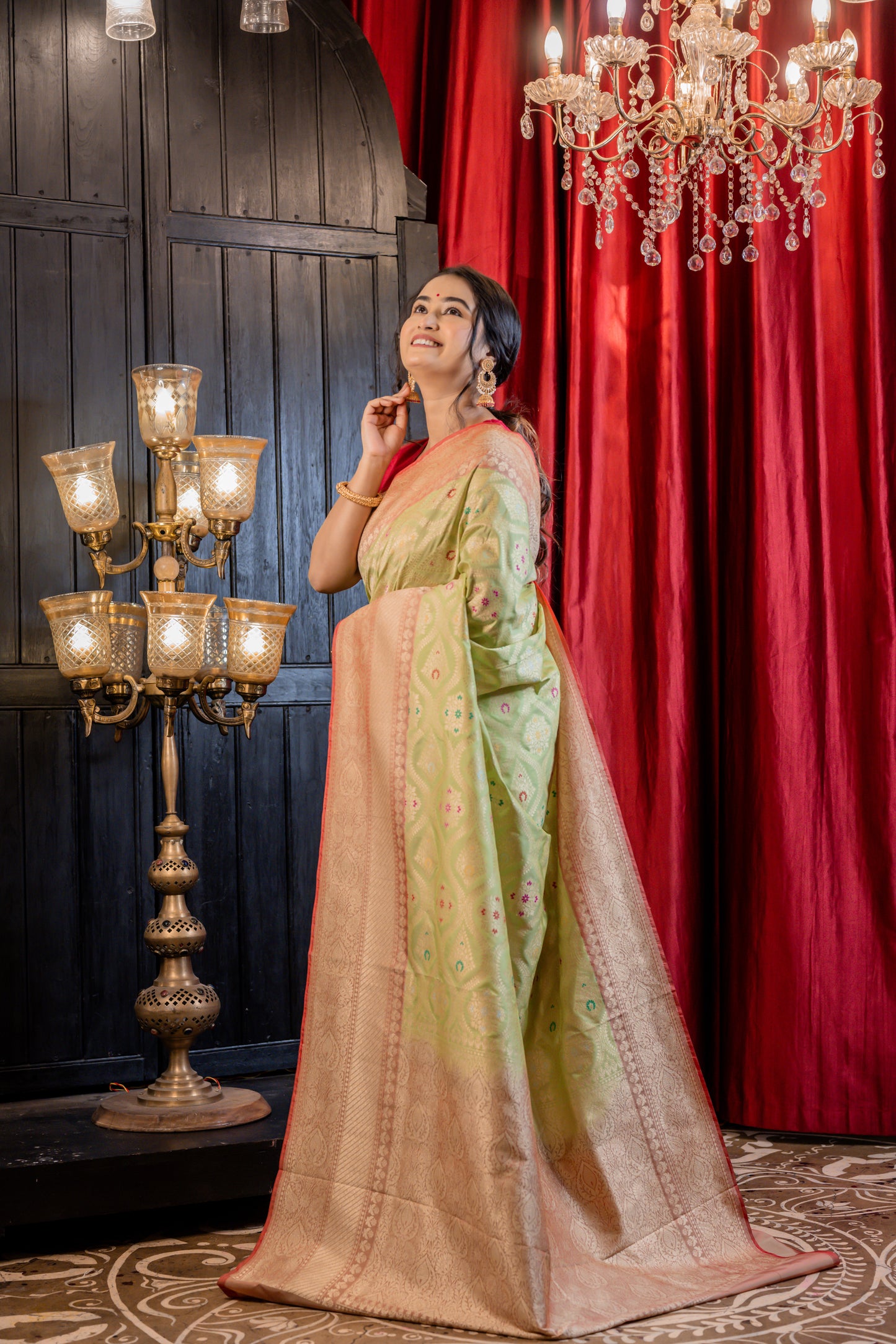 Mint Green  Matka Silk All over Jaal in Zari and multi-colour Meenakari highlights