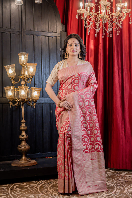 Light Red with Matte Gold Zari Matka Silk All over Jaal