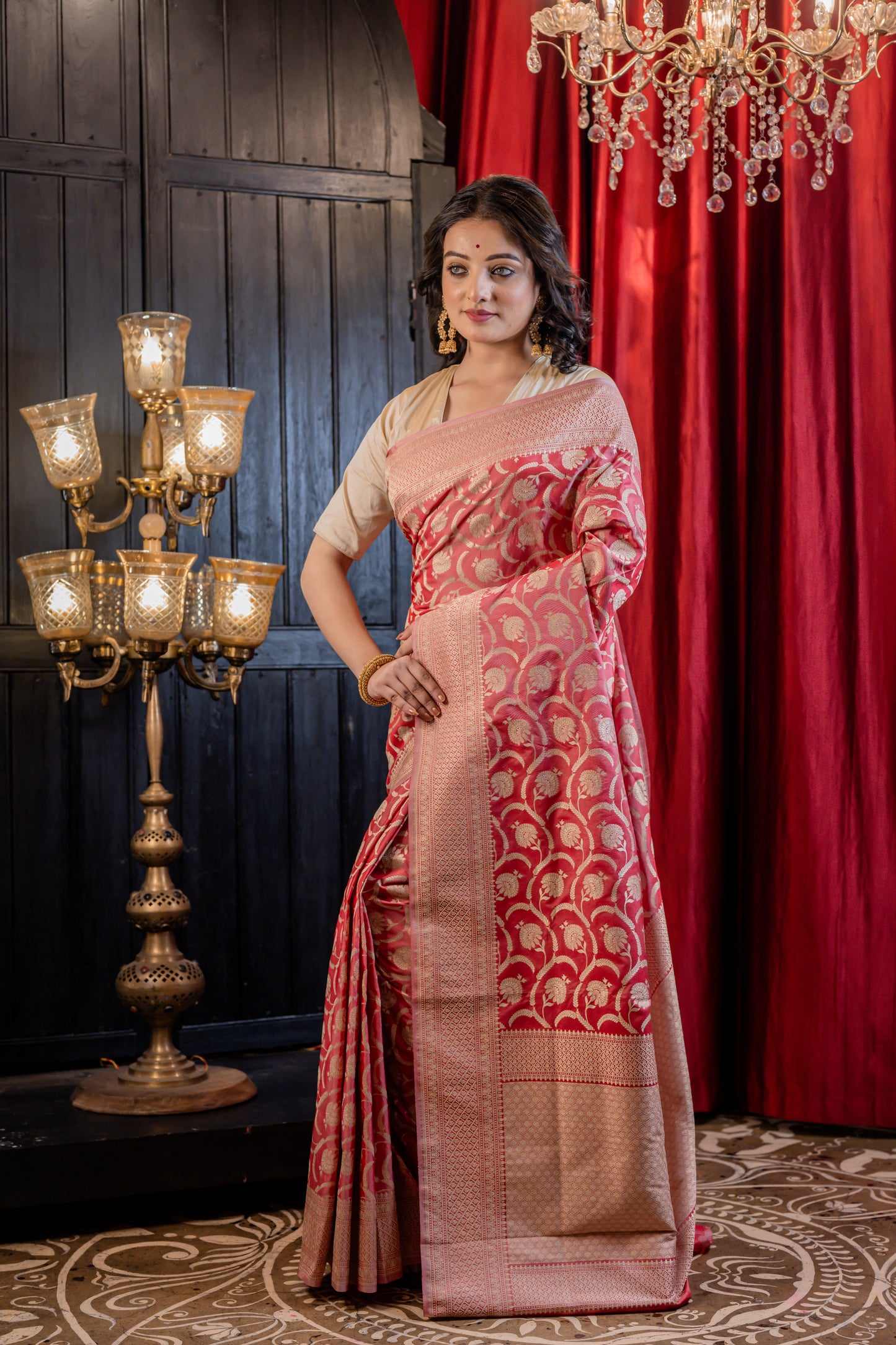 Light Red with Matte Gold Zari Matka Silk All over Jaal