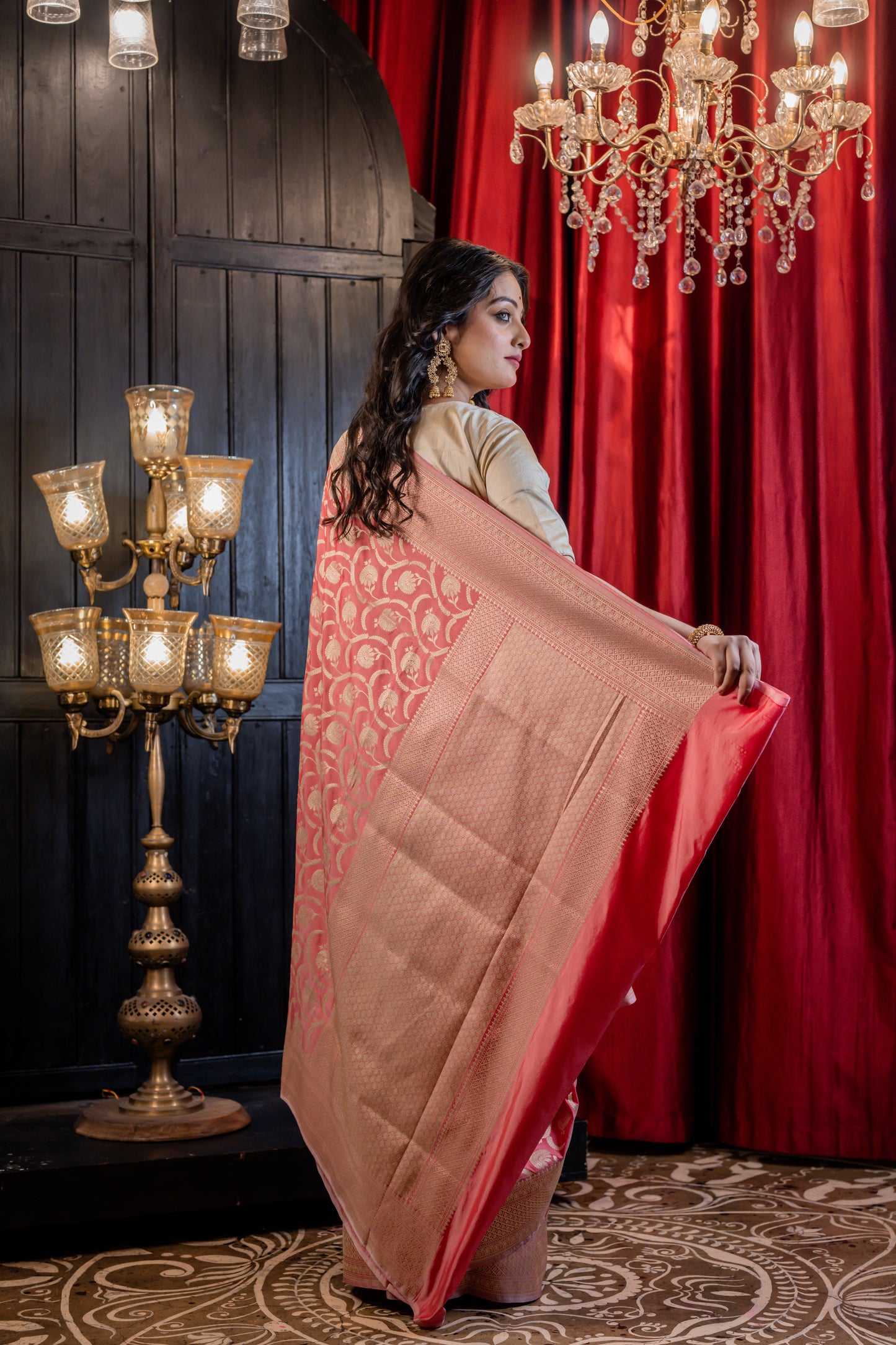 Light Red with Matte Gold Zari Matka Silk All over Jaal