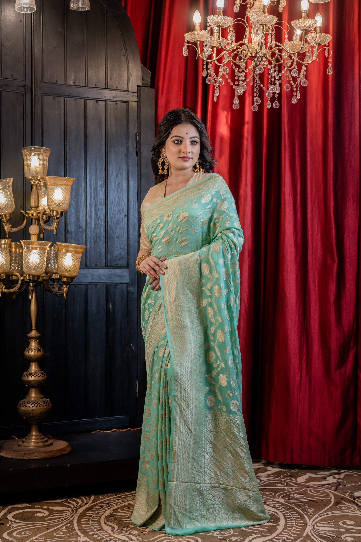 Greenish Blue Khaddi Georgette Phekwa Self work