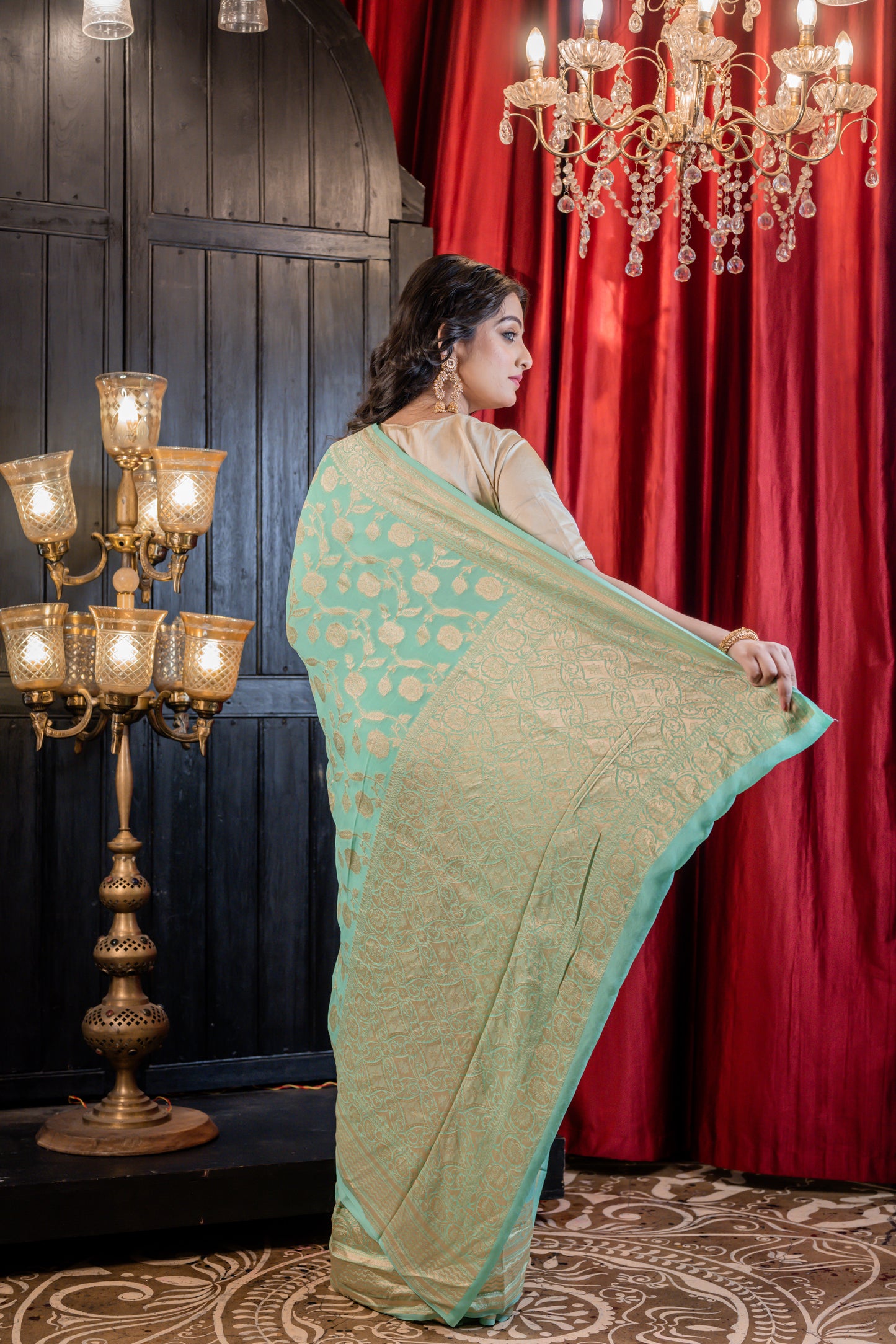 Greenish Blue Khaddi Georgette Phekwa Self work