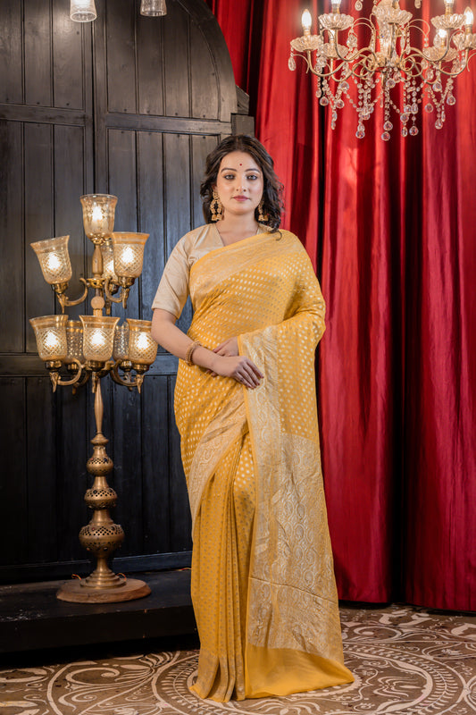 Mango Yellow with Matte Gold Zari Khaddi Georgette Phekwa Self