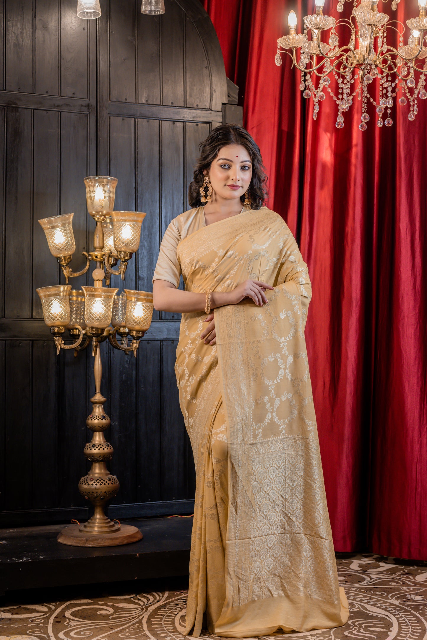 Beige with Matte Gold Zari Khaddi Munga Phekwa Self