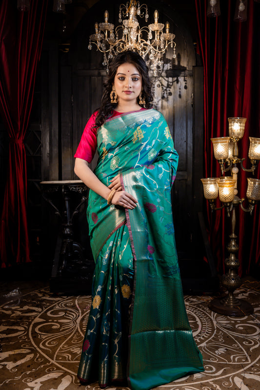 Green Soft Silk Multi-colour Floral Jaal work