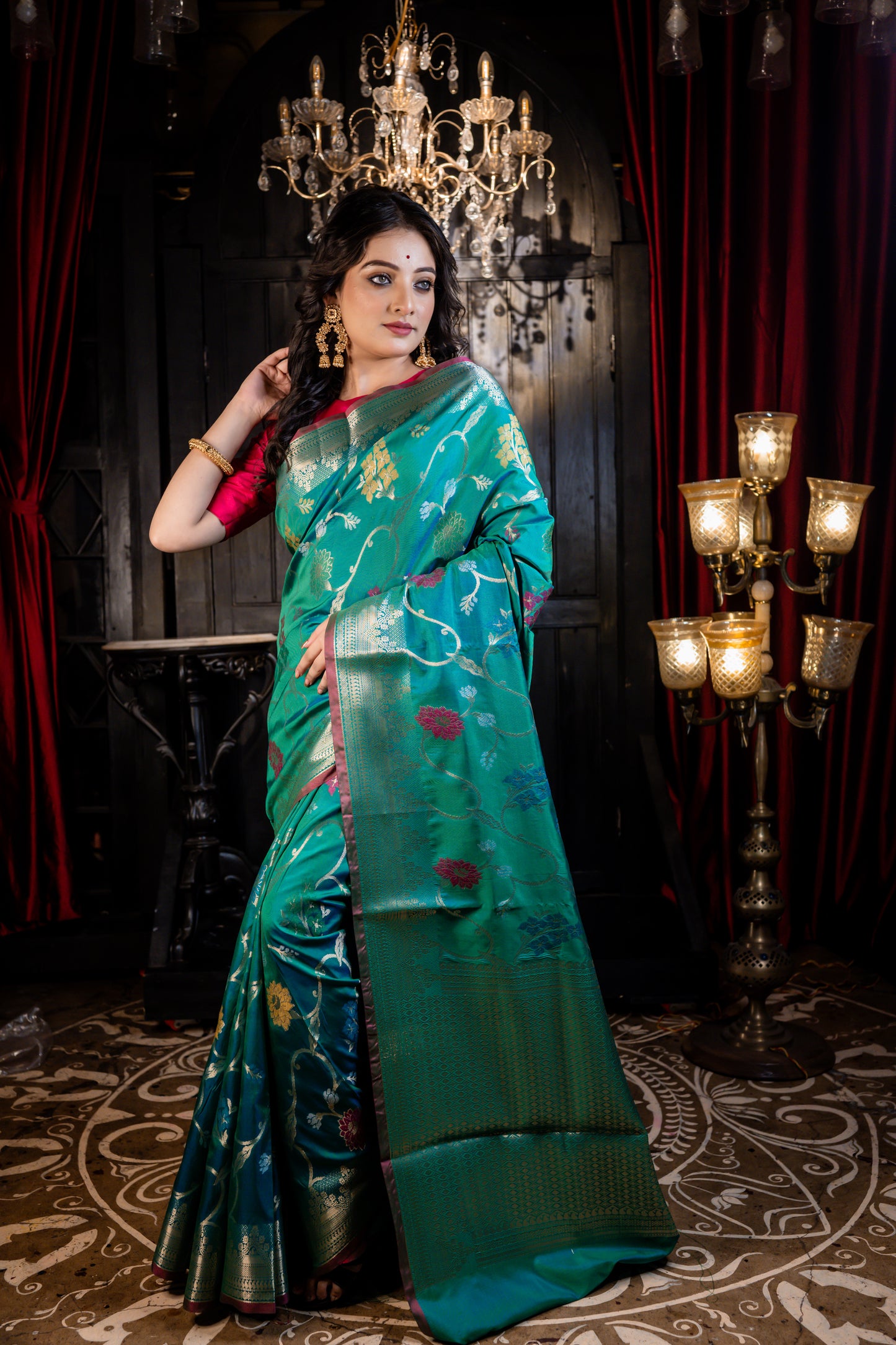 Green Soft Silk Multi-colour Floral Jaal work