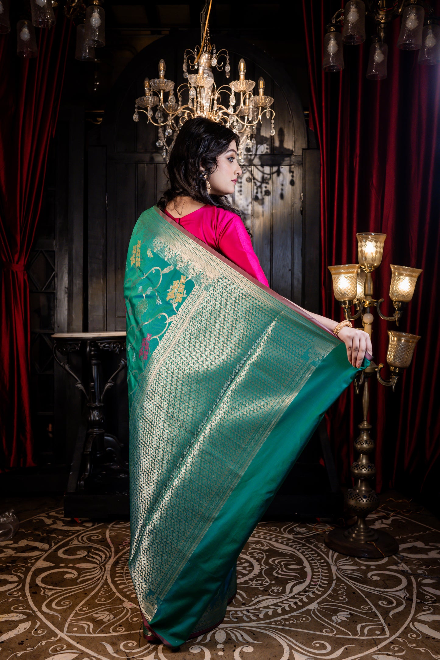 Green Soft Silk Multi-colour Floral Jaal work