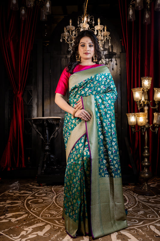 Emerald Green Matka Silk with all over Jaal work, Purple Meena buti and Zari border