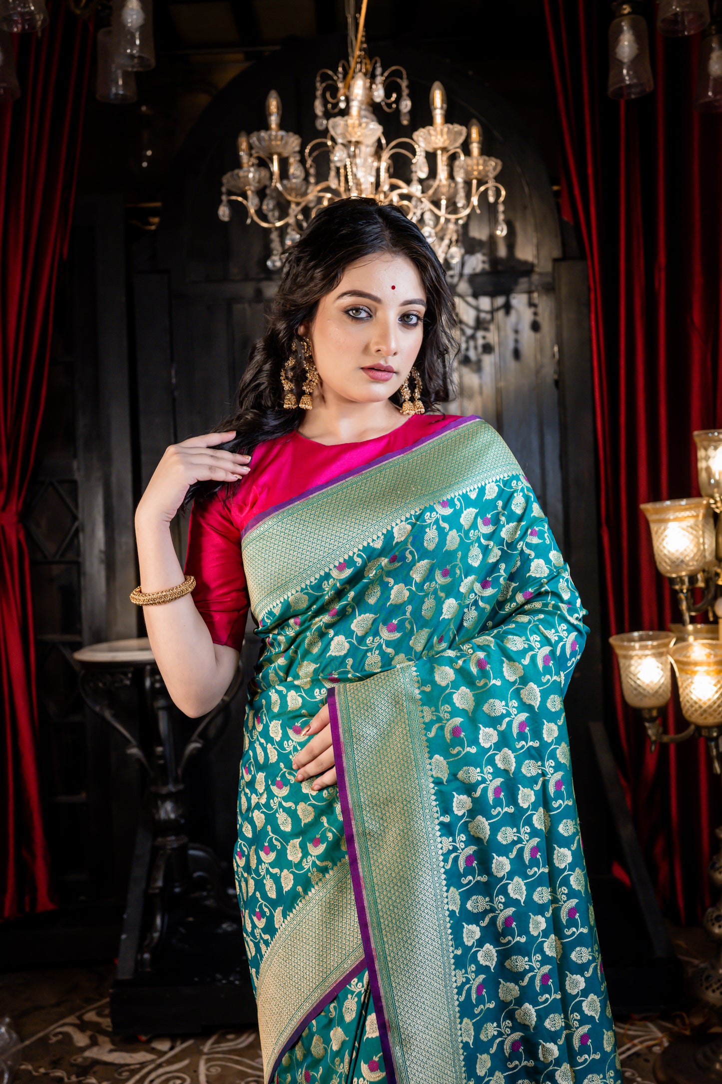 Emerald Green Matka Silk with all over Jaal work, Purple Meena buti and Zari border