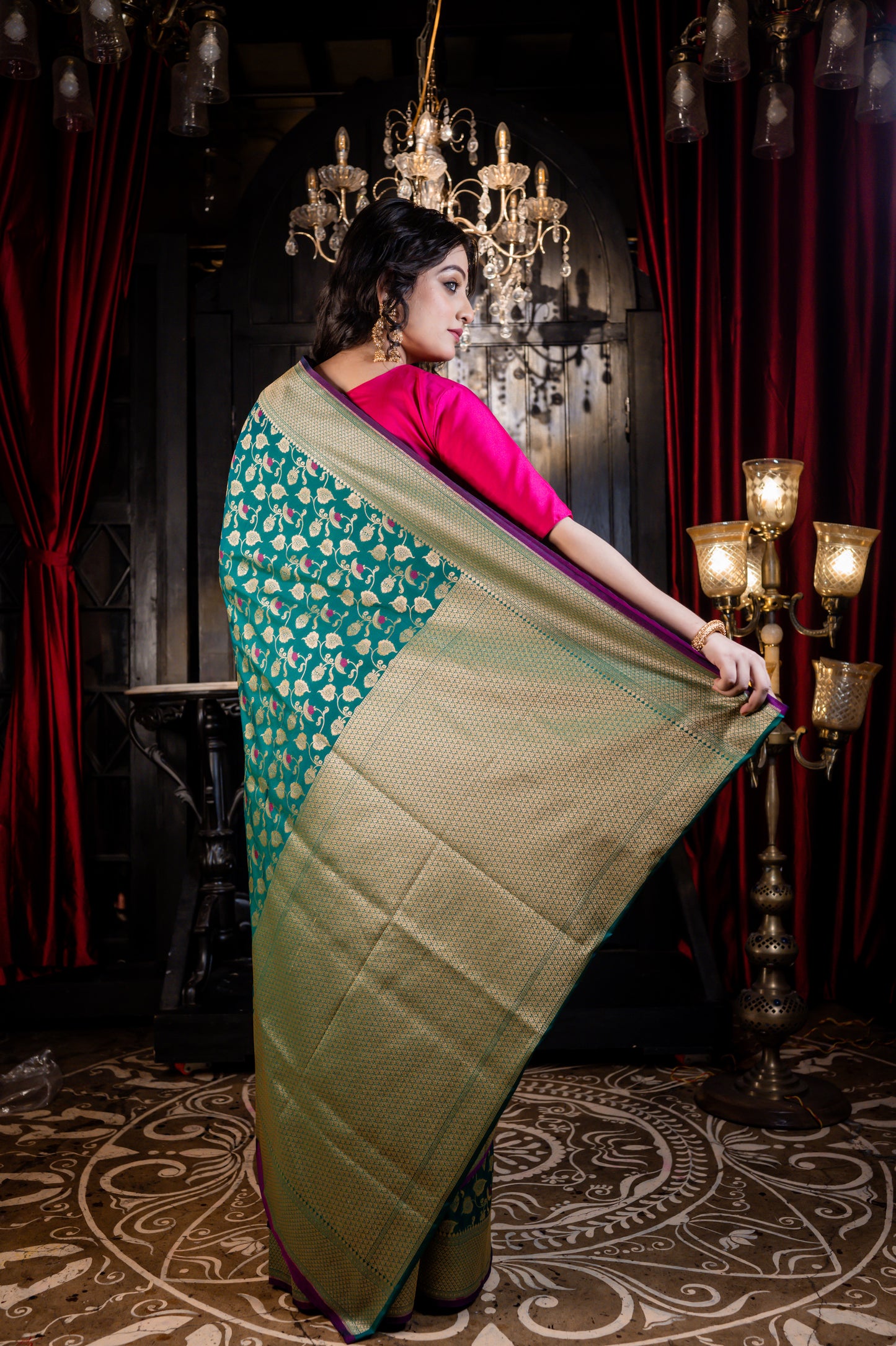 Emerald Green Matka Silk with all over Jaal work, Purple Meena buti and Zari border