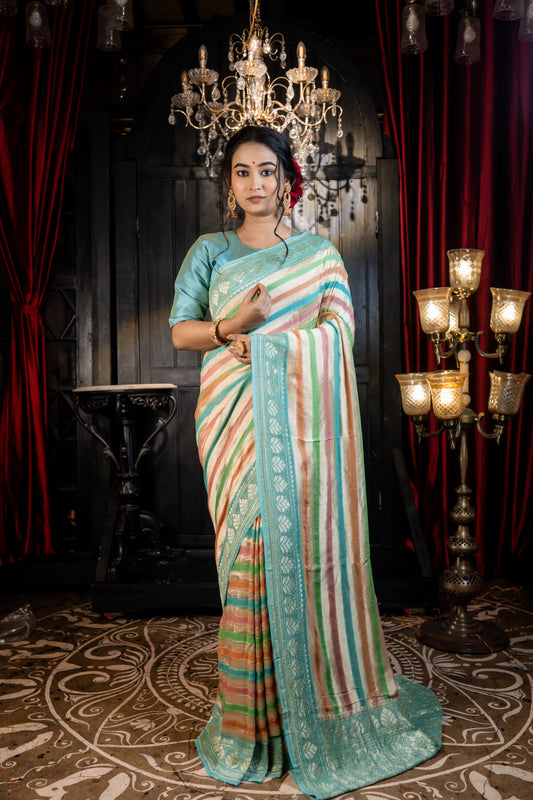 Multi-colour Stripe on cream colour Khaddi Georgette in Phekwa Rifling Handbrush