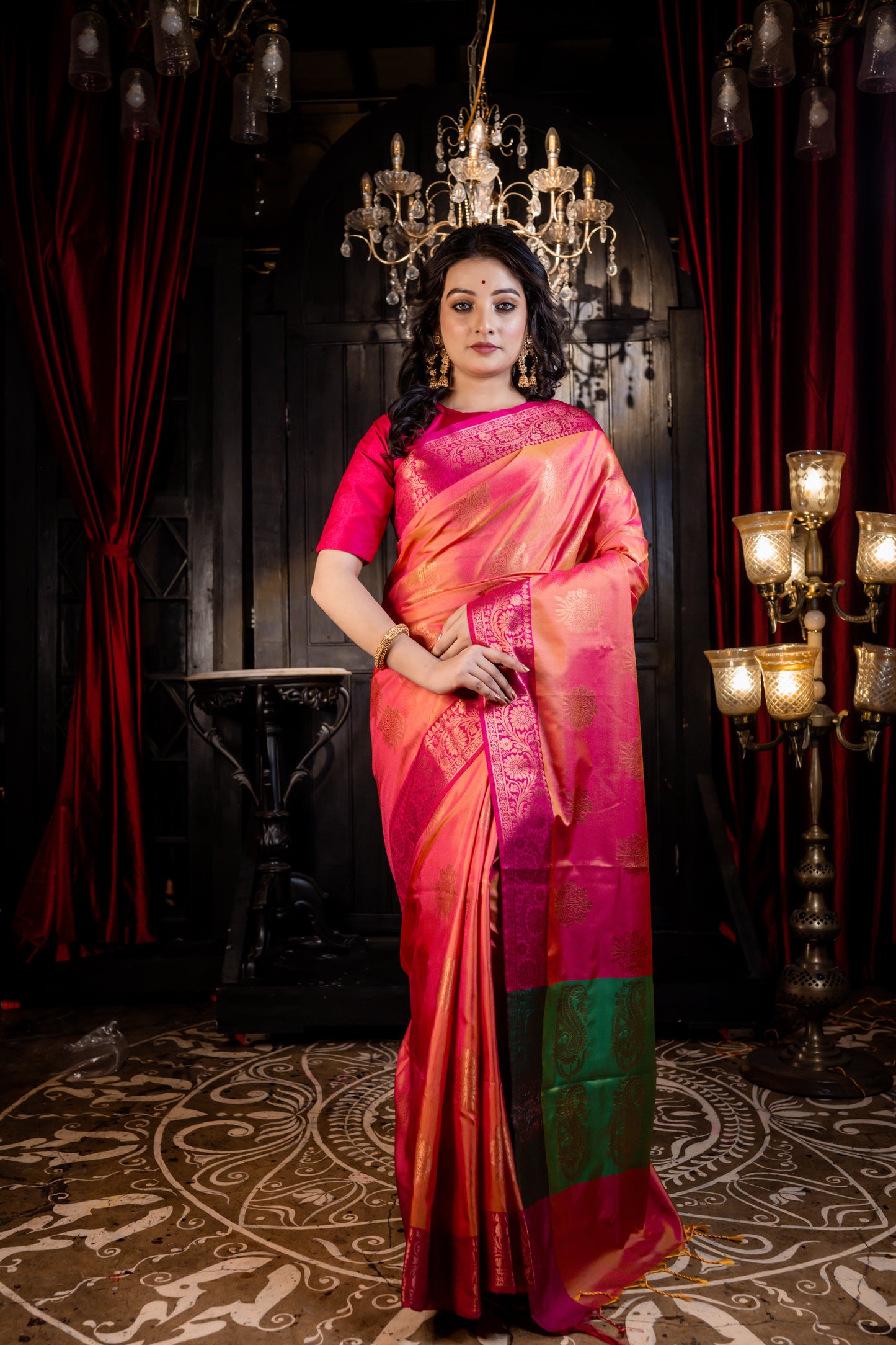 Pink and Orange dual tone Soft Silk with Zari buta, magenta pink border and green pallu