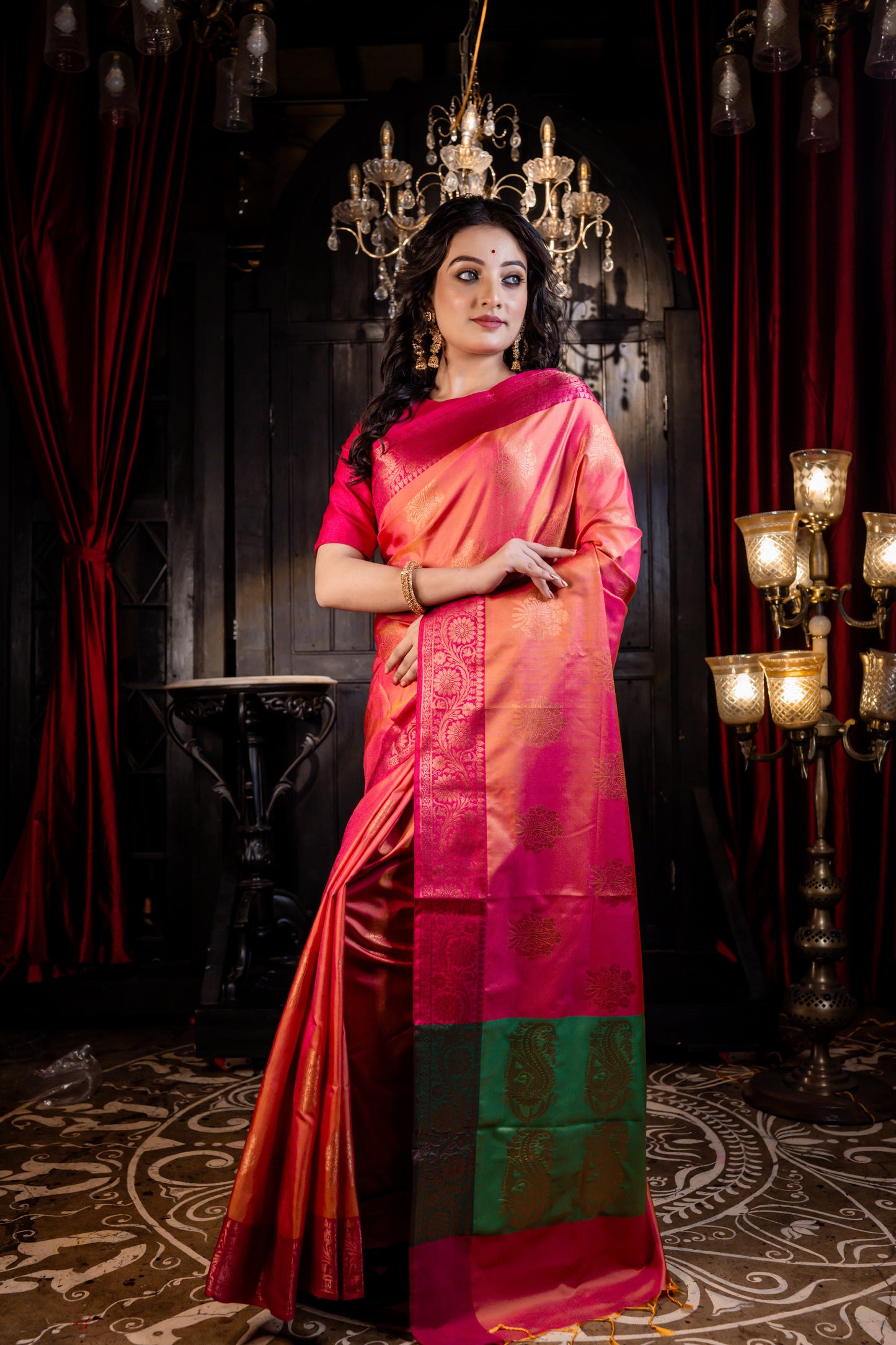 Pink and Orange dual tone Soft Silk with Zari buta, magenta pink border and green pallu