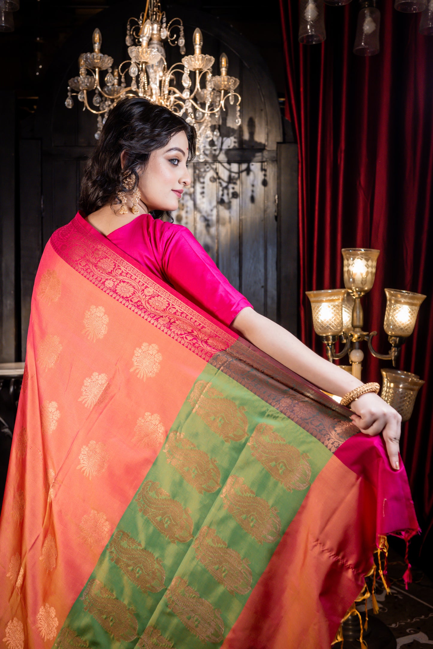 Pink and Orange dual tone Soft Silk with Zari buta, magenta pink border and green pallu