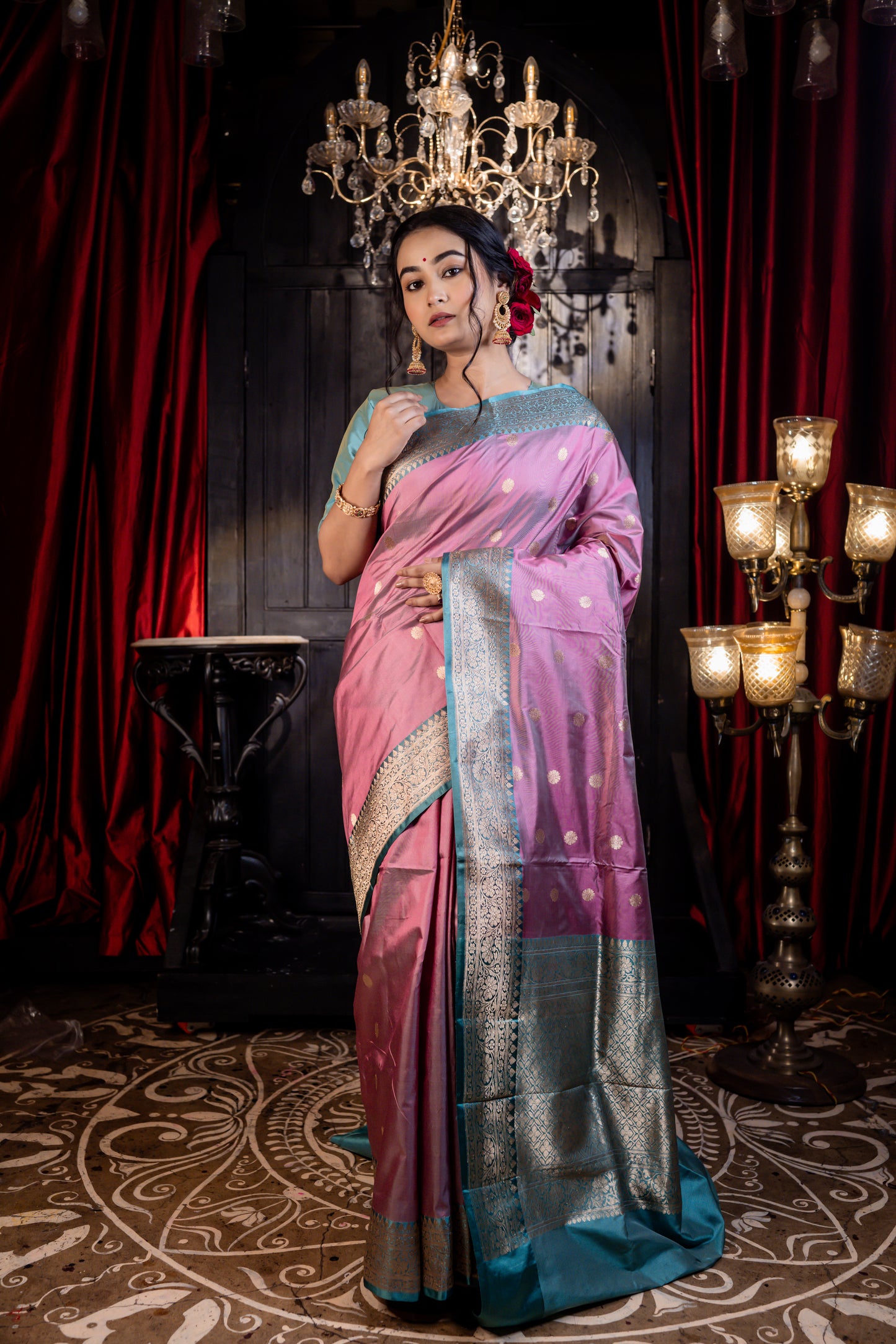 Mauve dual tone Pure Katan with all over Kadhua Buti and Teal Blue Zari border