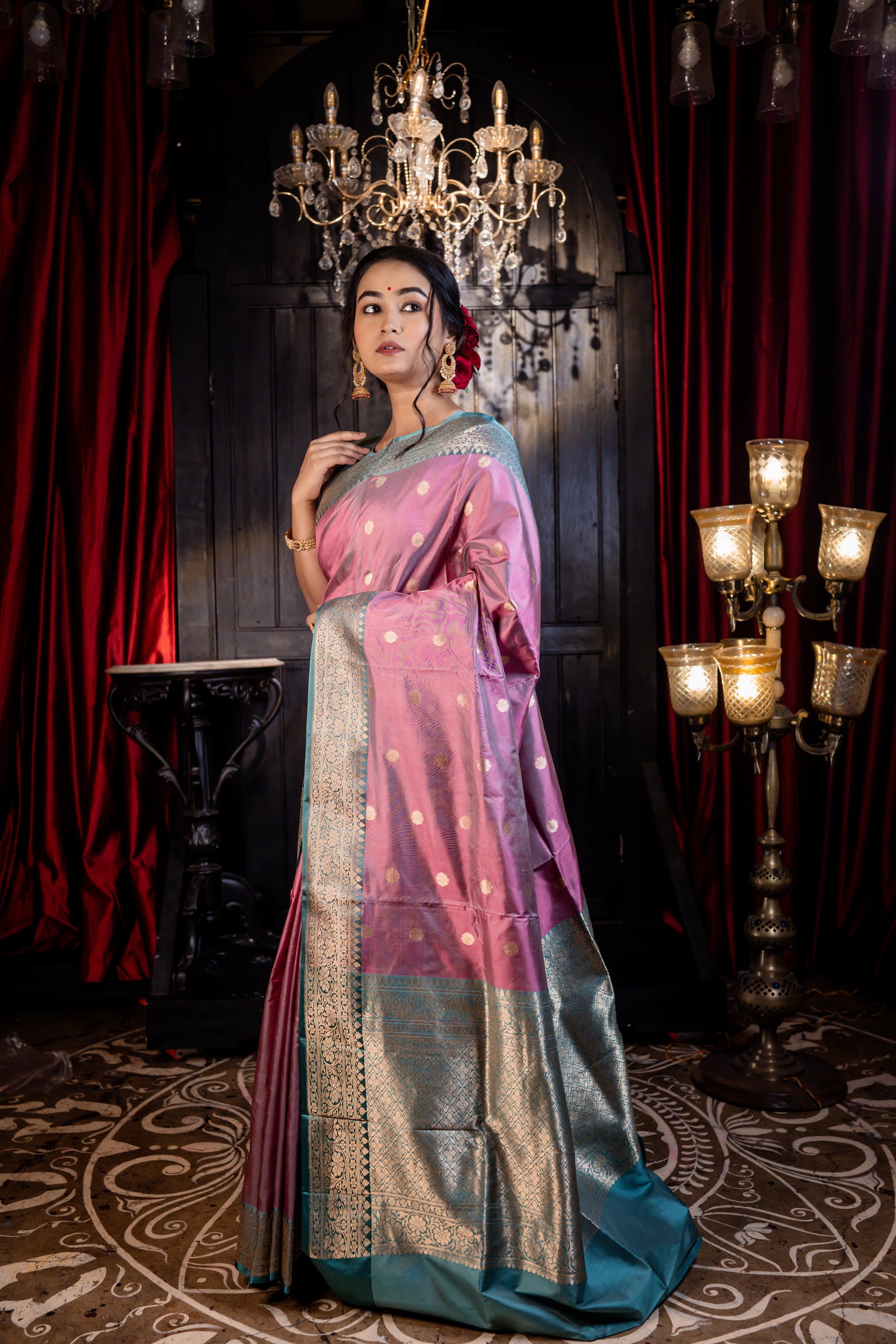 Mauve dual tone Pure Katan with all over Kadhua Buti and Teal Blue Zari border