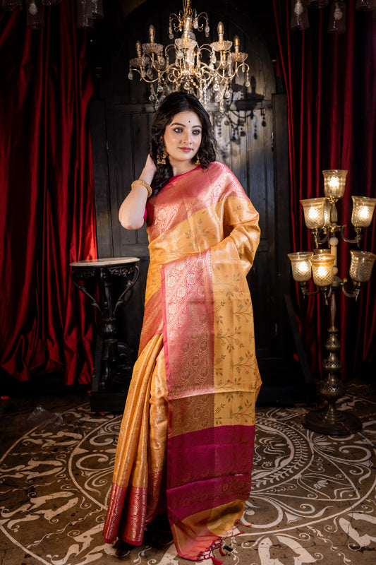 Mustard Yellow Soft Silk with all over Floral motif and broad Coral Pink border