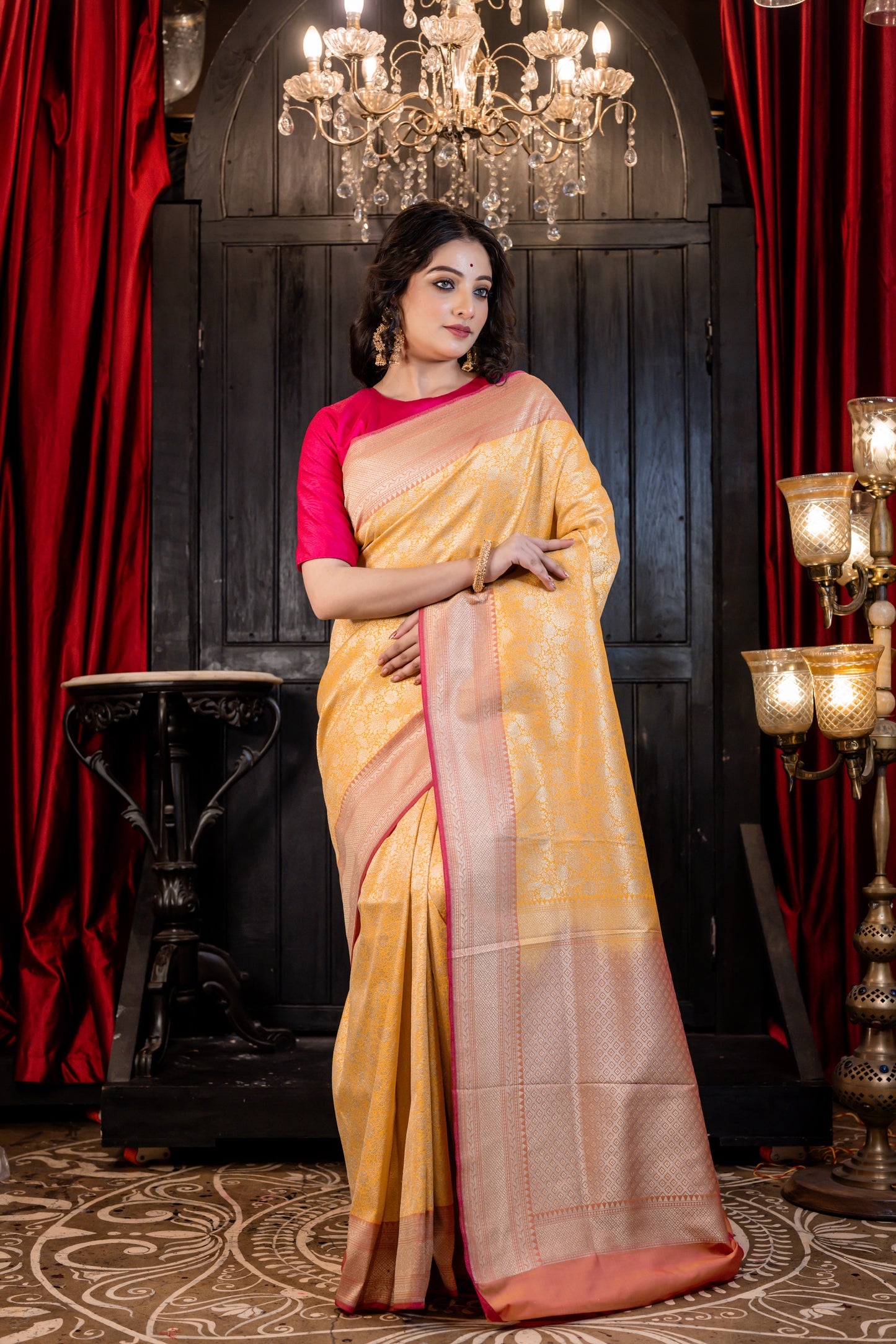 Mango Yellow Matka Silk with all over Zari work and Coral Pink border