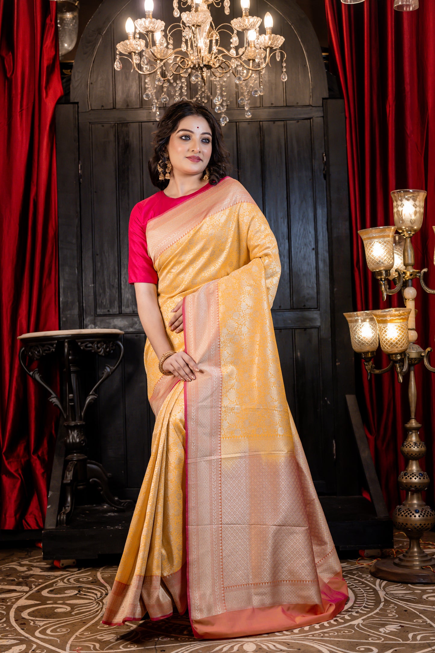 Mango Yellow Matka Silk with all over Zari work and Coral Pink border