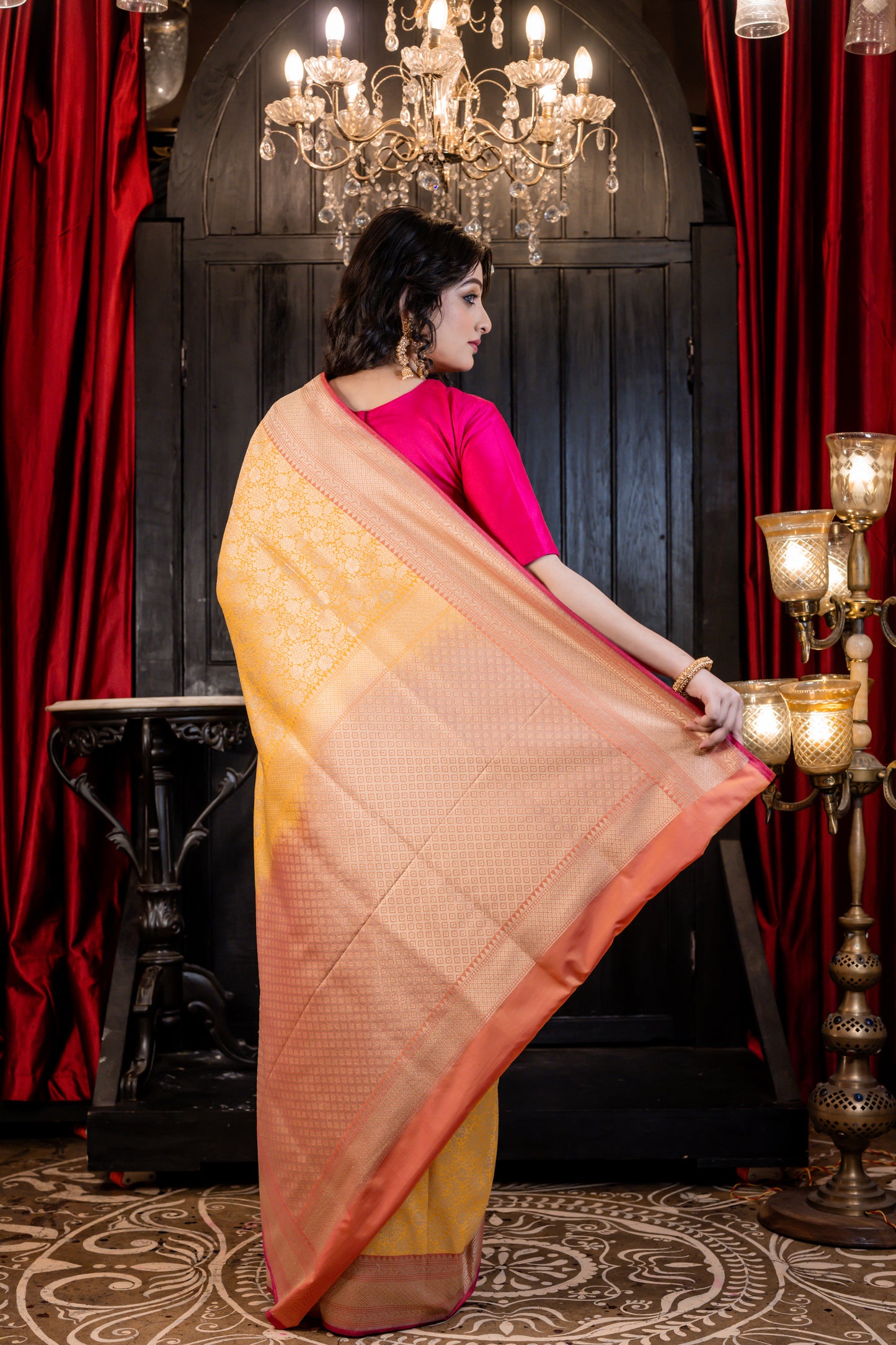 Mango Yellow Matka Silk with all over Zari work and Coral Pink border