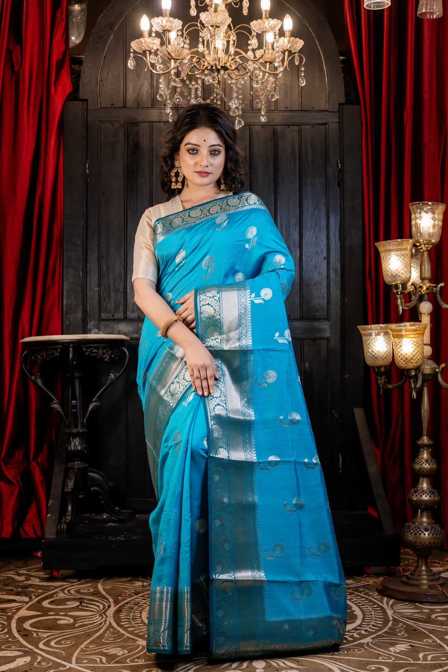 Turquoise Blue Pure Munga with Sona Rupa Floral Buta