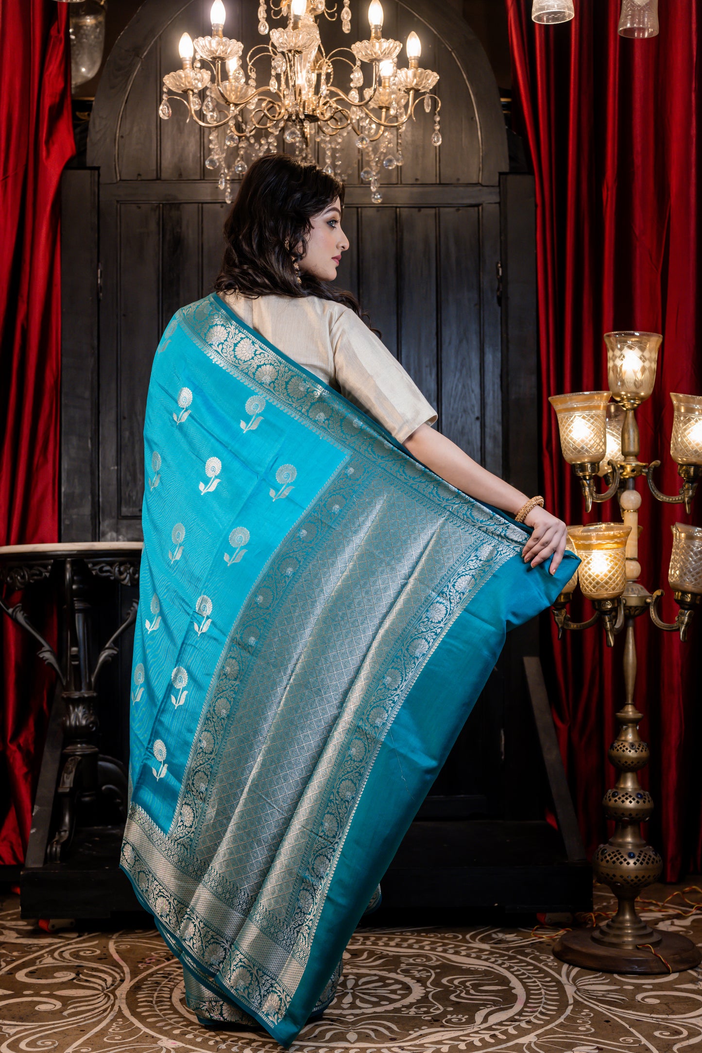 Turquoise Blue Pure Munga with Sona Rupa Floral Buta