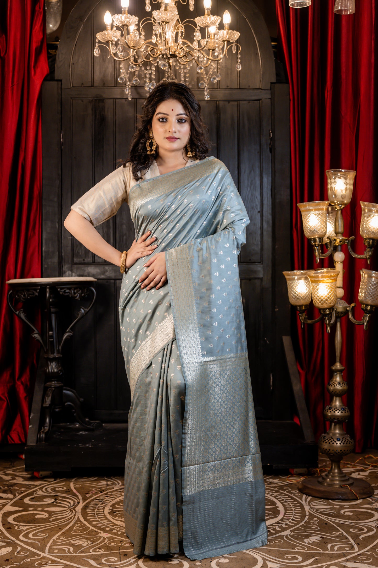 Grey Pure Munga with All Over Floral Buti in Matte Gold Zari