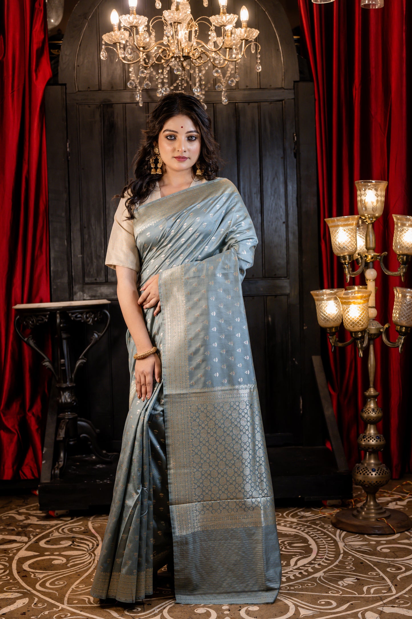 Grey Pure Munga with All Over Floral Buti in Matte Gold Zari