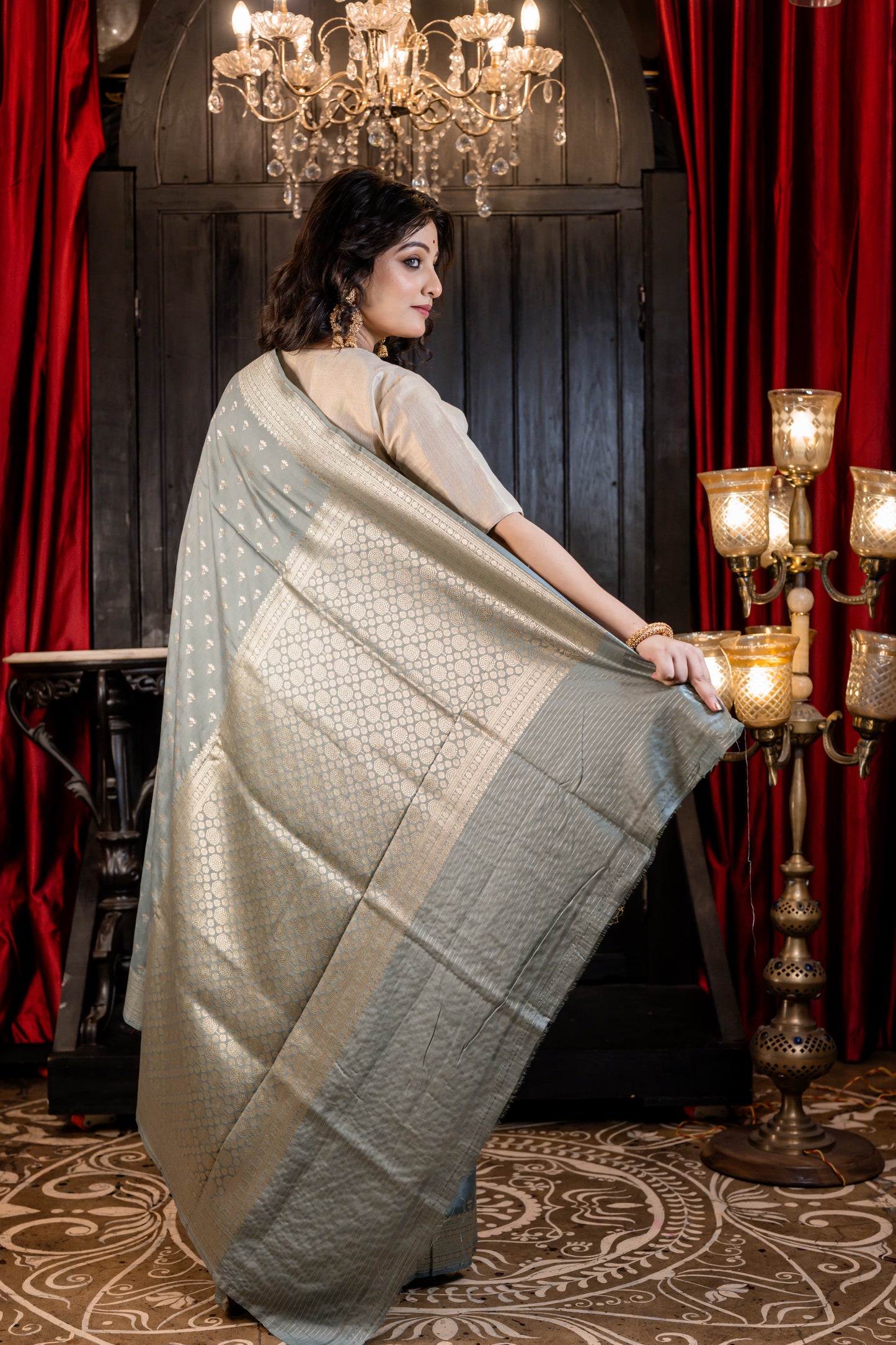 Grey Pure Munga with All Over Floral Buti in Matte Gold Zari