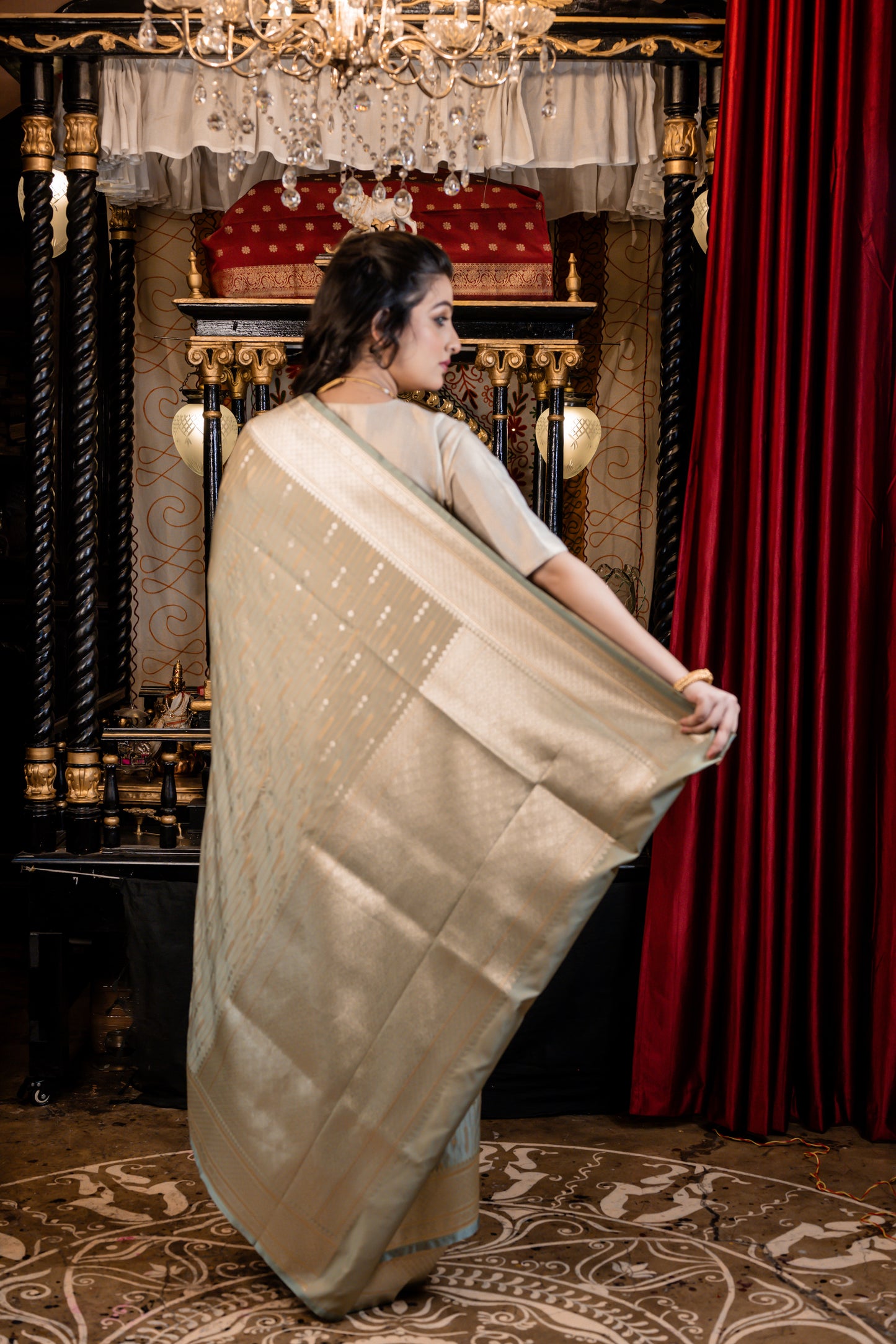 Pearl Grey Mashru Silk with all over Woven Foliage Stripes and Brocade border