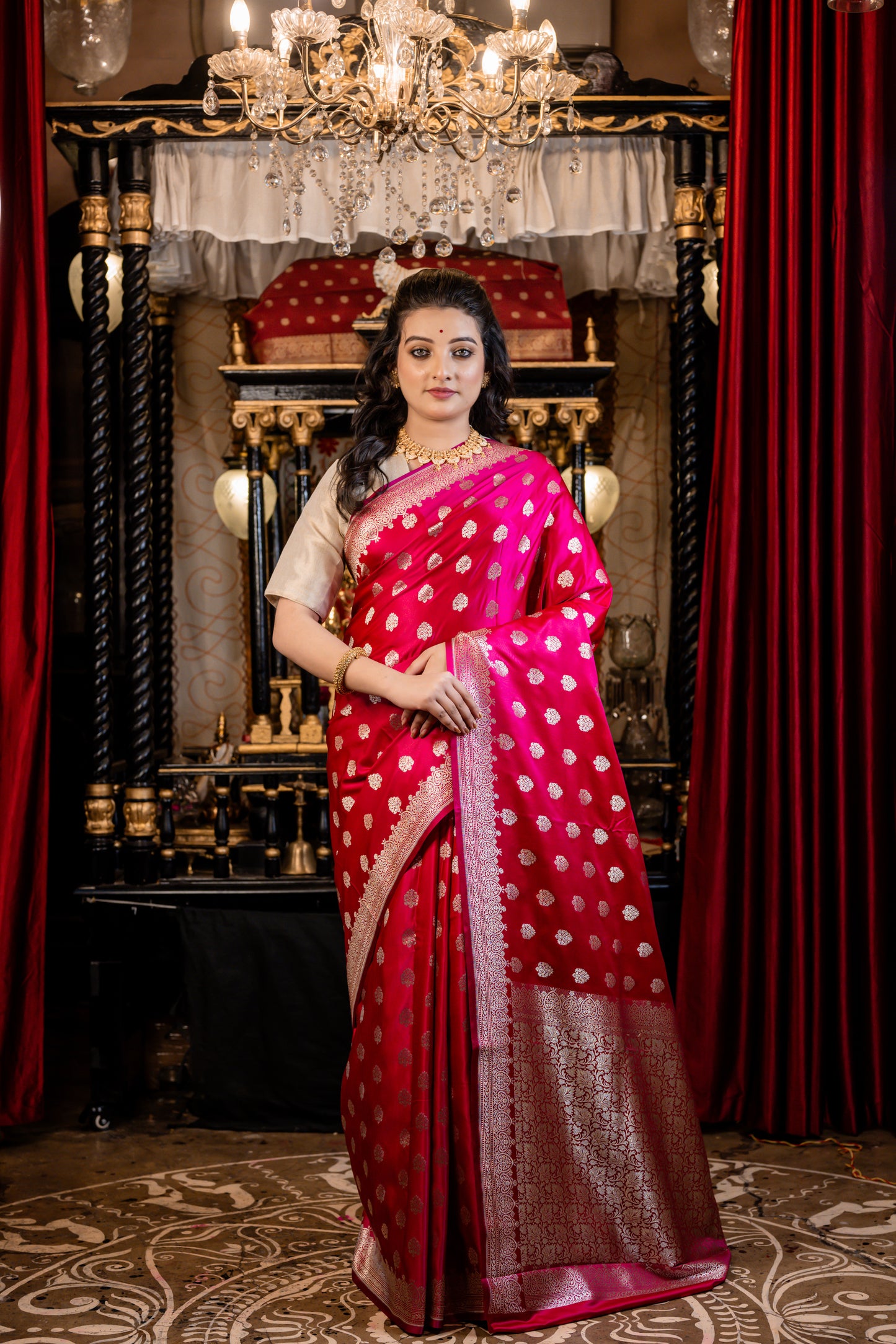 Dark Raspberry Pink Mashru Silk with all over Zari Buta