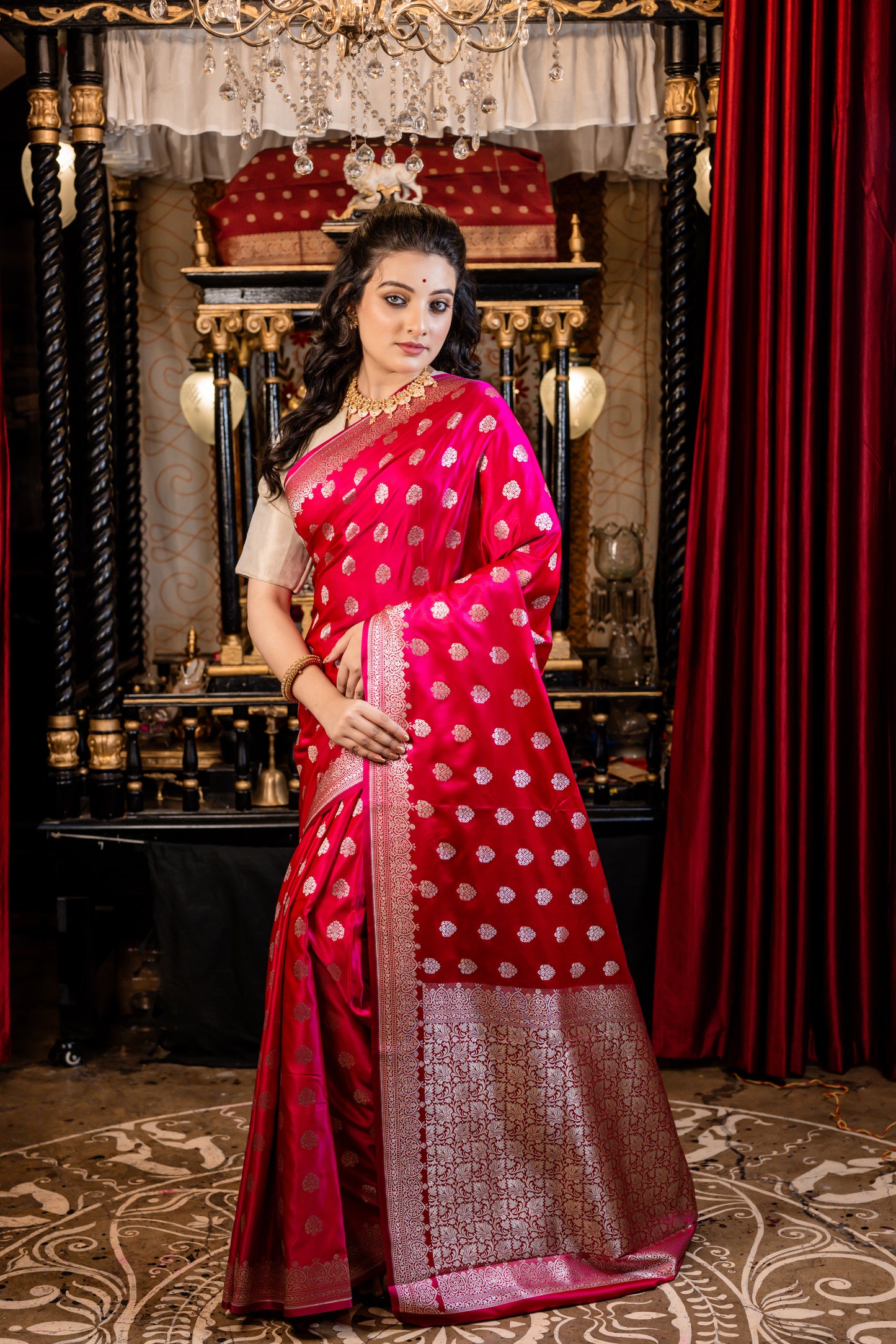 Dark Raspberry Pink Mashru Silk with all over Zari Buta