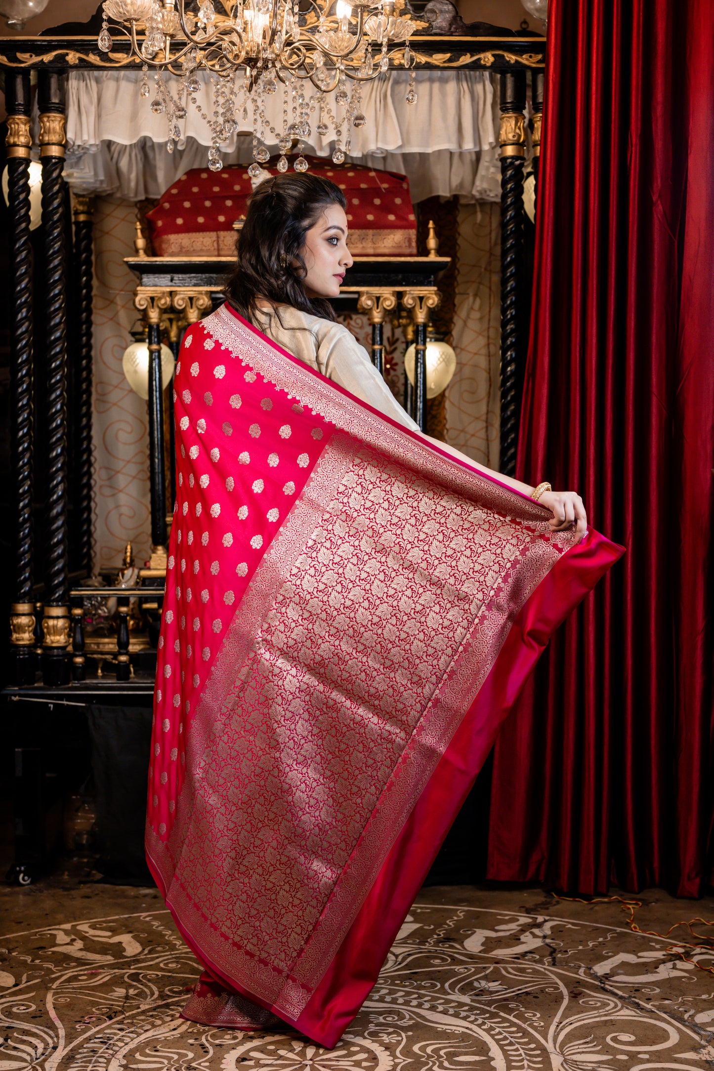 Dark Raspberry Pink Mashru Silk with all over Zari Buta