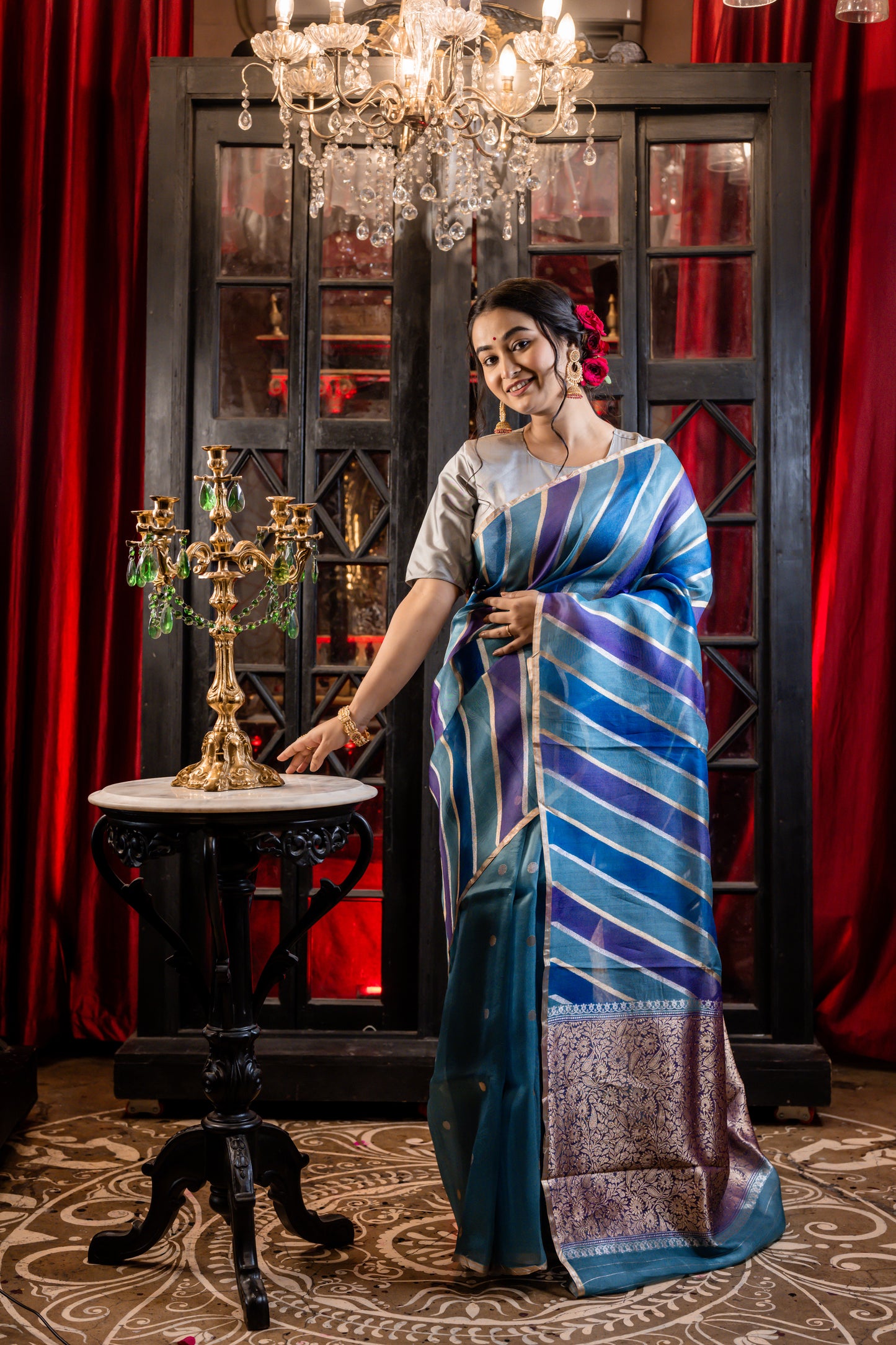 Blue and Purple multi-shade Kora with Kadhua Stripe Rifling in Rangkaat pattern