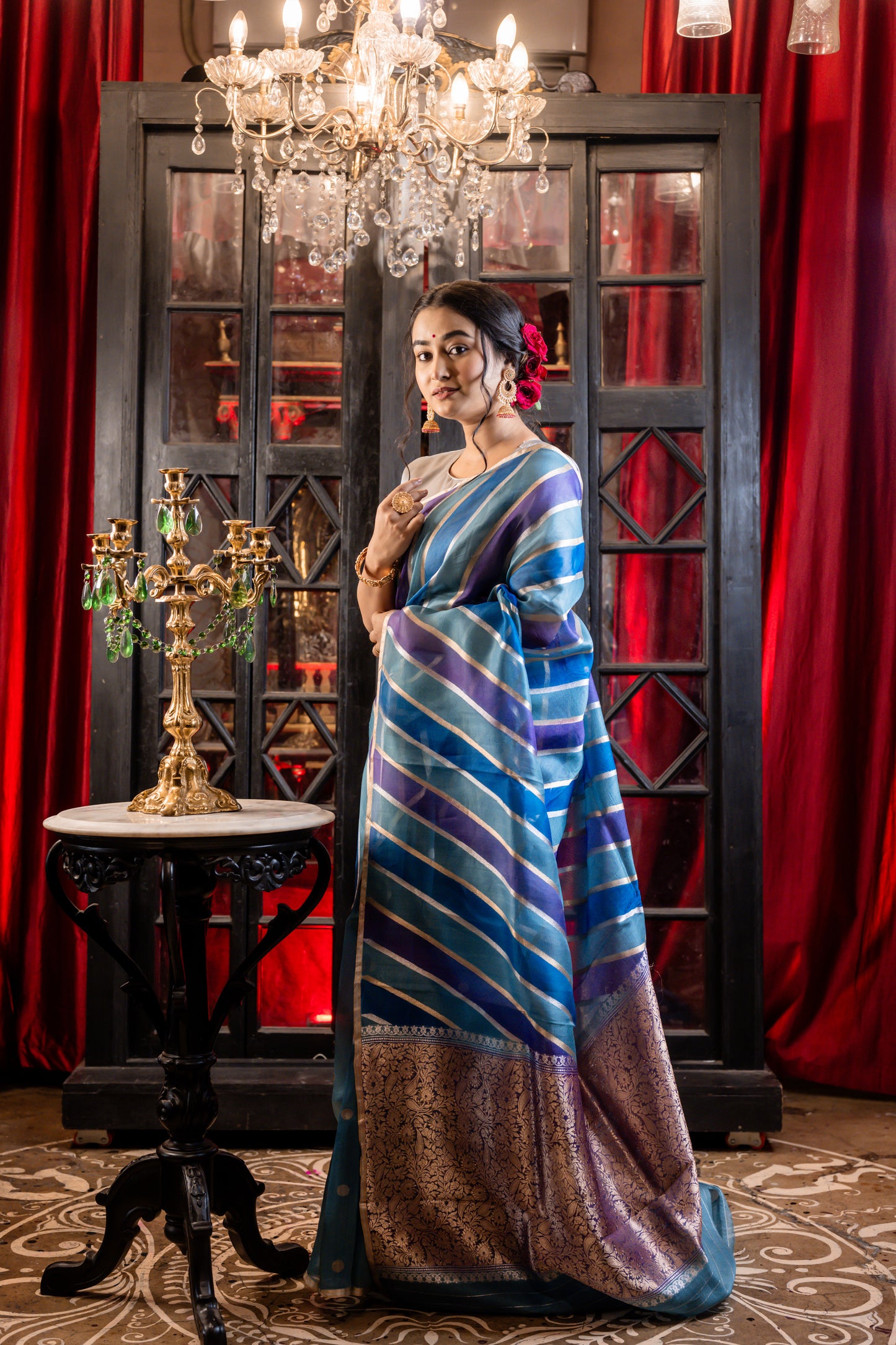 Blue and Purple multi-shade Kora with Kadhua Stripe Rifling in Rangkaat pattern