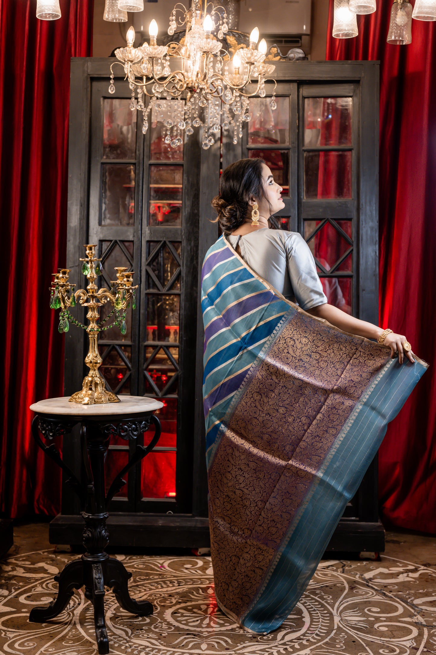 Blue and Purple multi-shade Kora with Kadhua Stripe Rifling in Rangkaat pattern