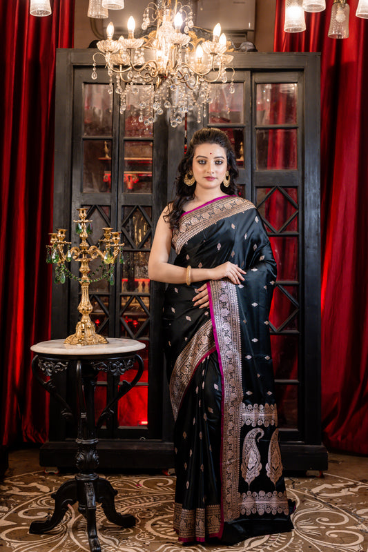 Black Mashru Benarasi with Copper Zari Buta and Border