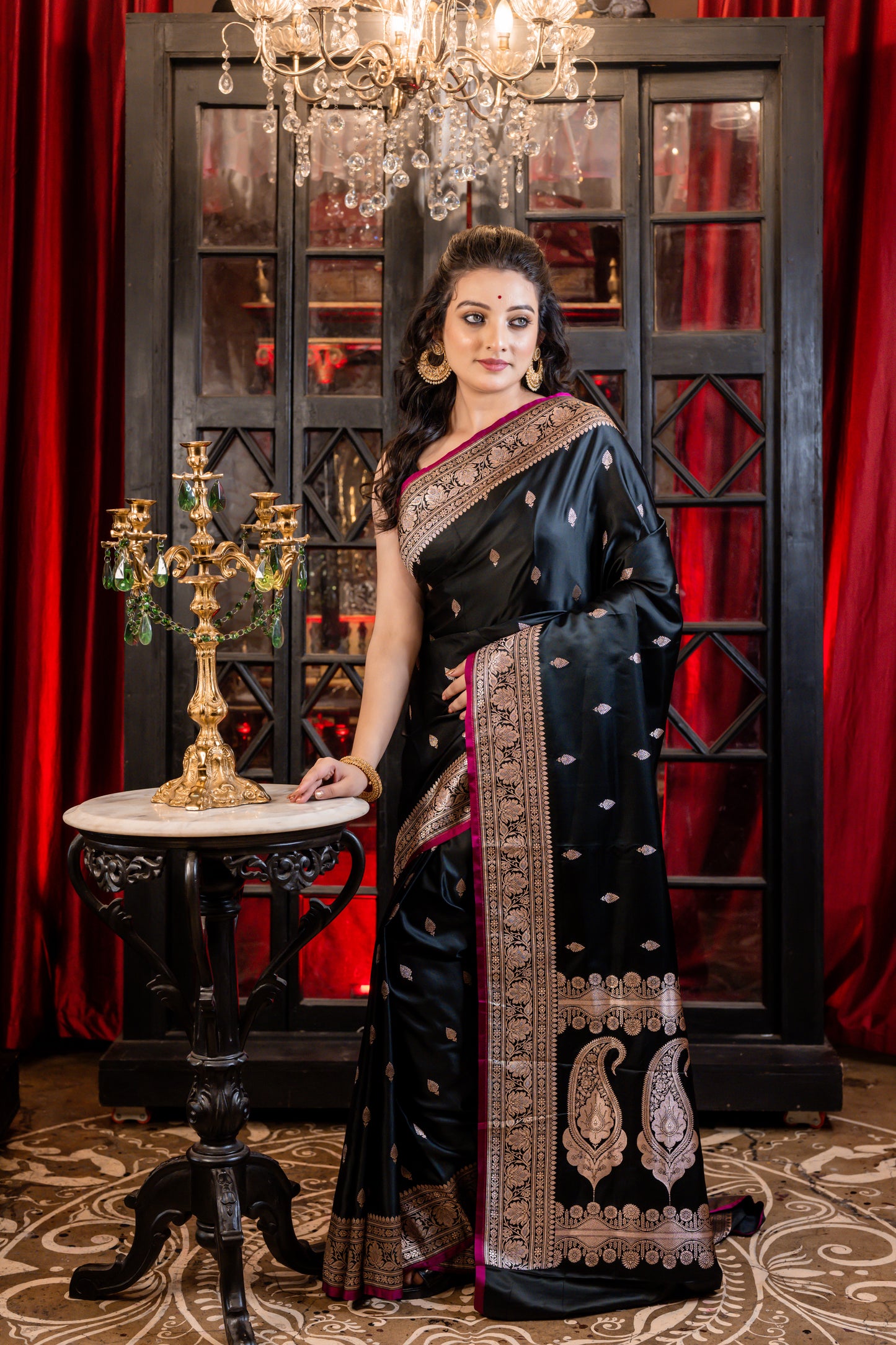 Black Mashru Benarasi with Copper Zari Buta and Border