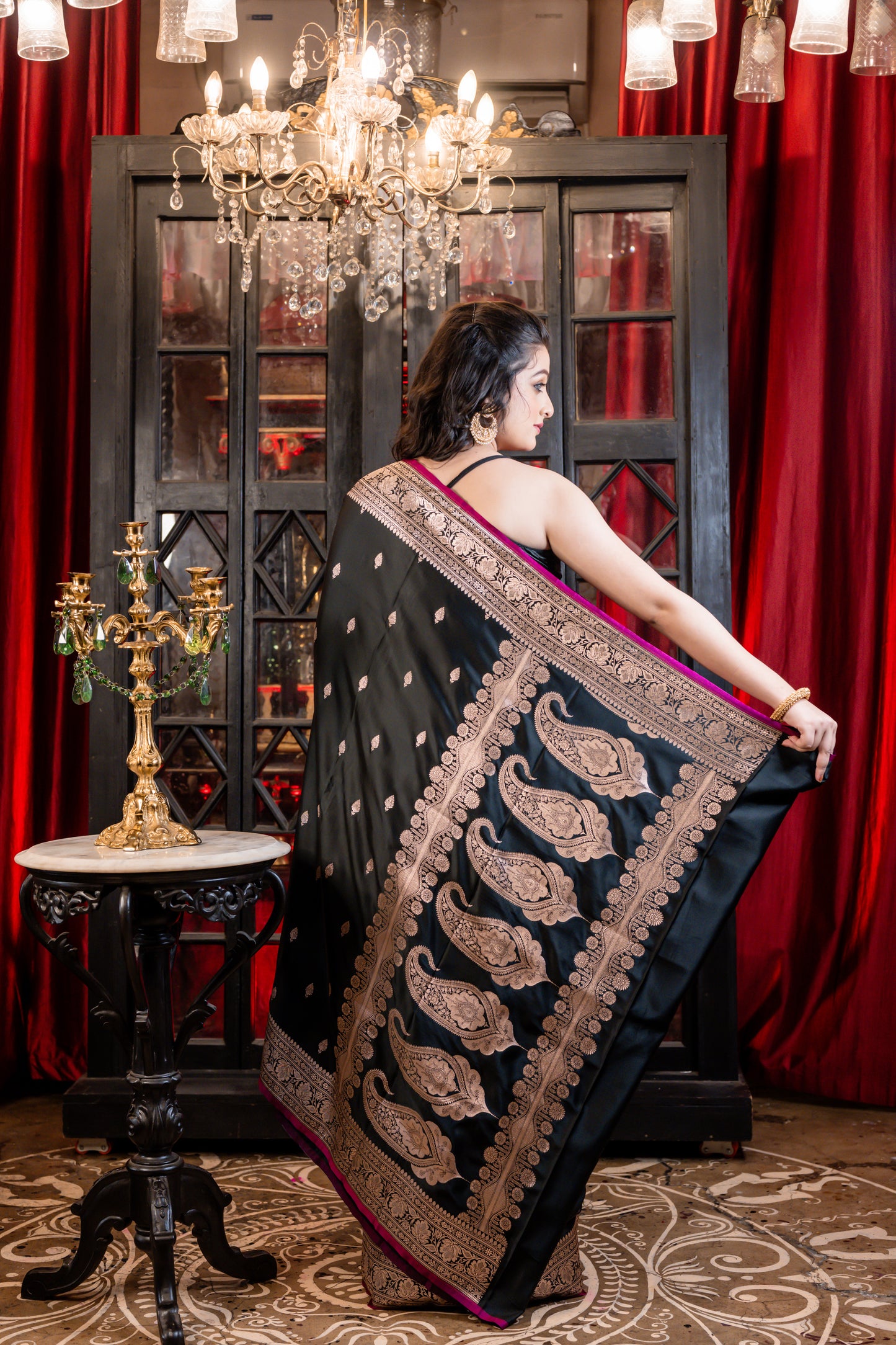 Black Mashru Benarasi with Copper Zari Buta and Border