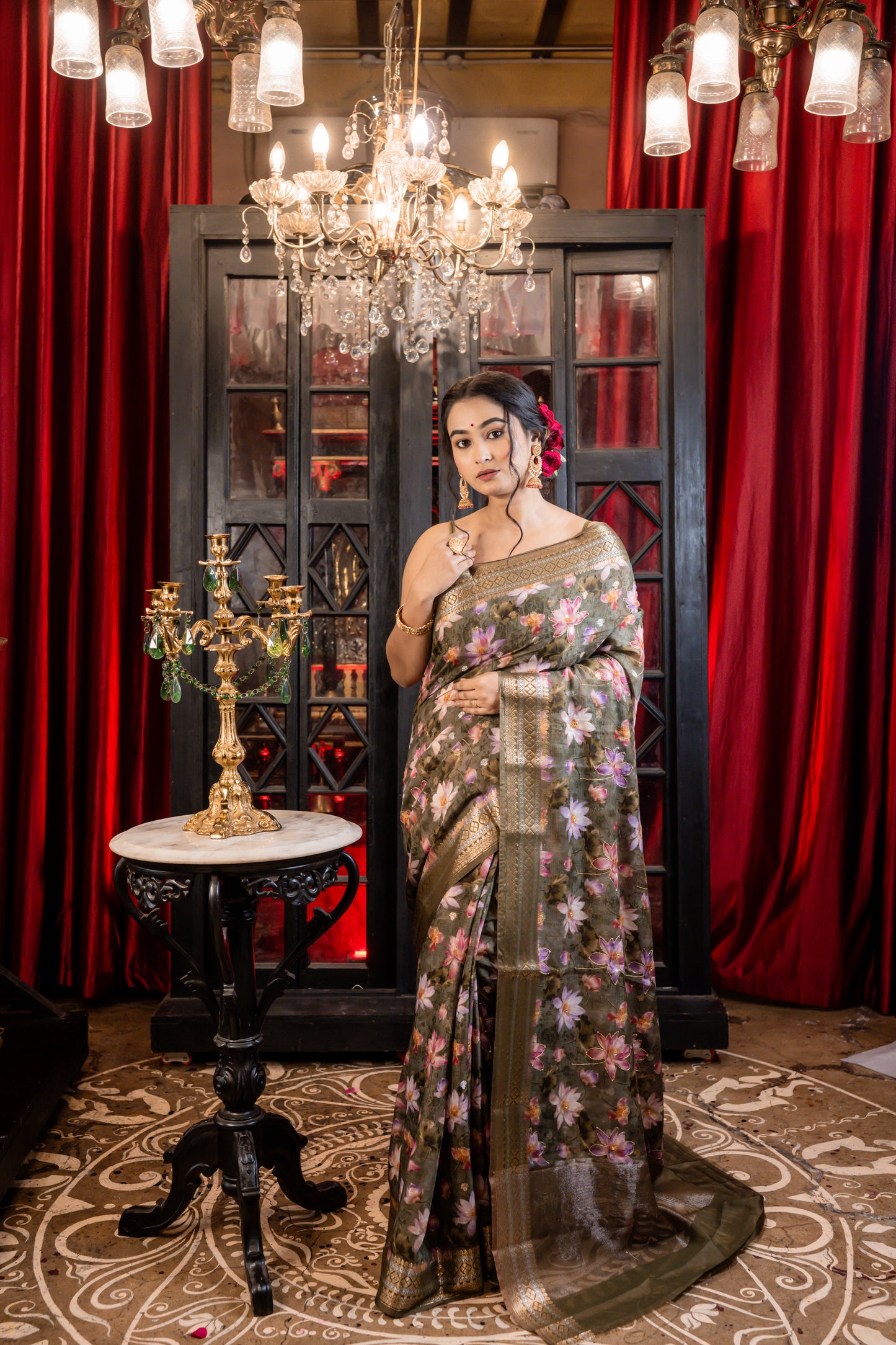 Moss Green Chanderi blend Saree with Digital Floral Print and Zari-Sequins highlights