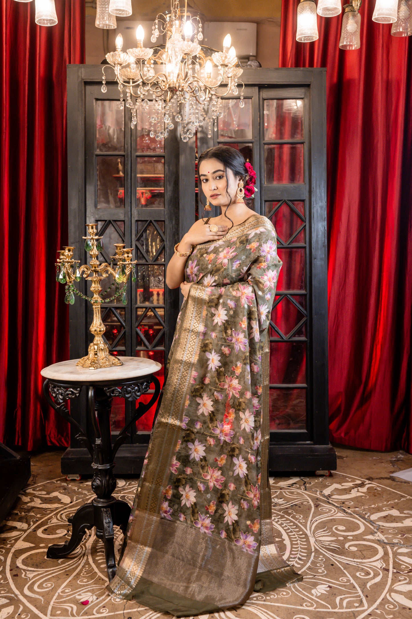 Moss Green Chanderi blend Saree with Digital Floral Print and Zari-Sequins highlights