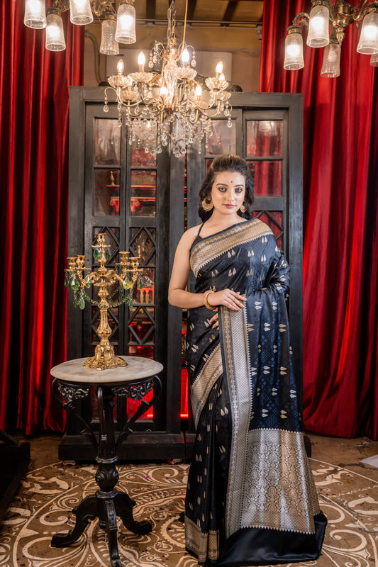 Black Mashru Benarasi in self-work, Cream Gold Zari Leaf motif Buta and Brocade border