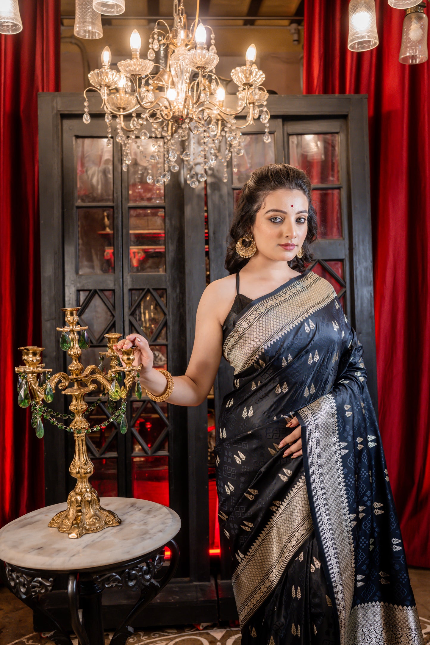 Black Mashru Benarasi in self-work, Cream Gold Zari Leaf motif Buta and Brocade border