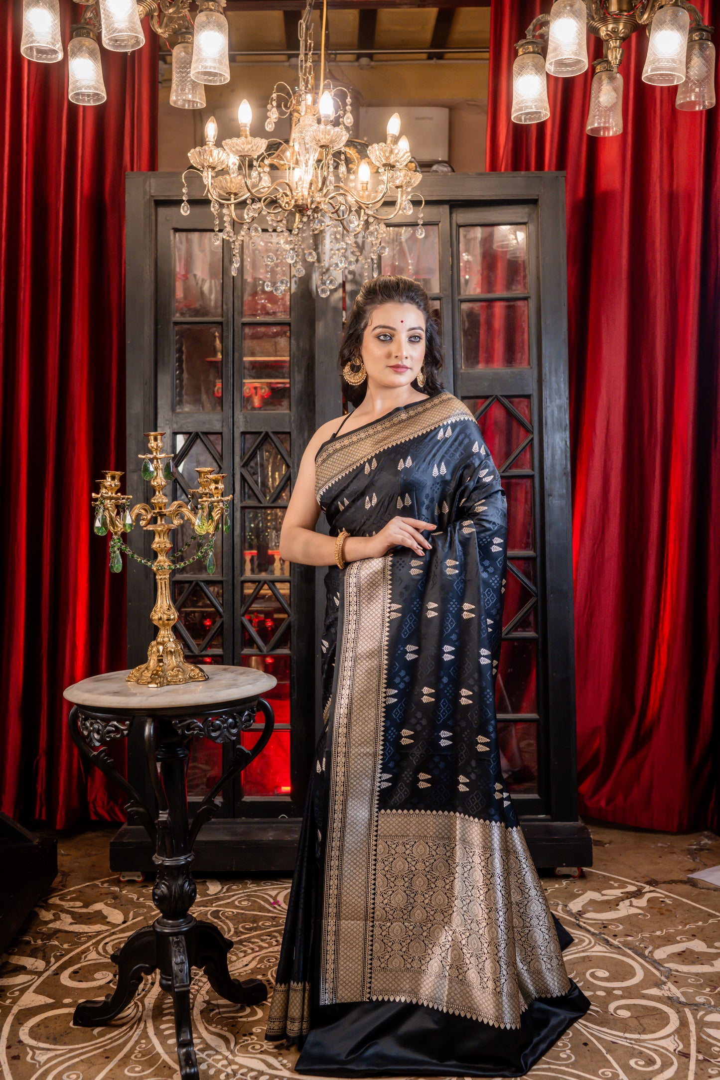 Black Mashru Benarasi in self-work, Cream Gold Zari Leaf motif Buta and Brocade border