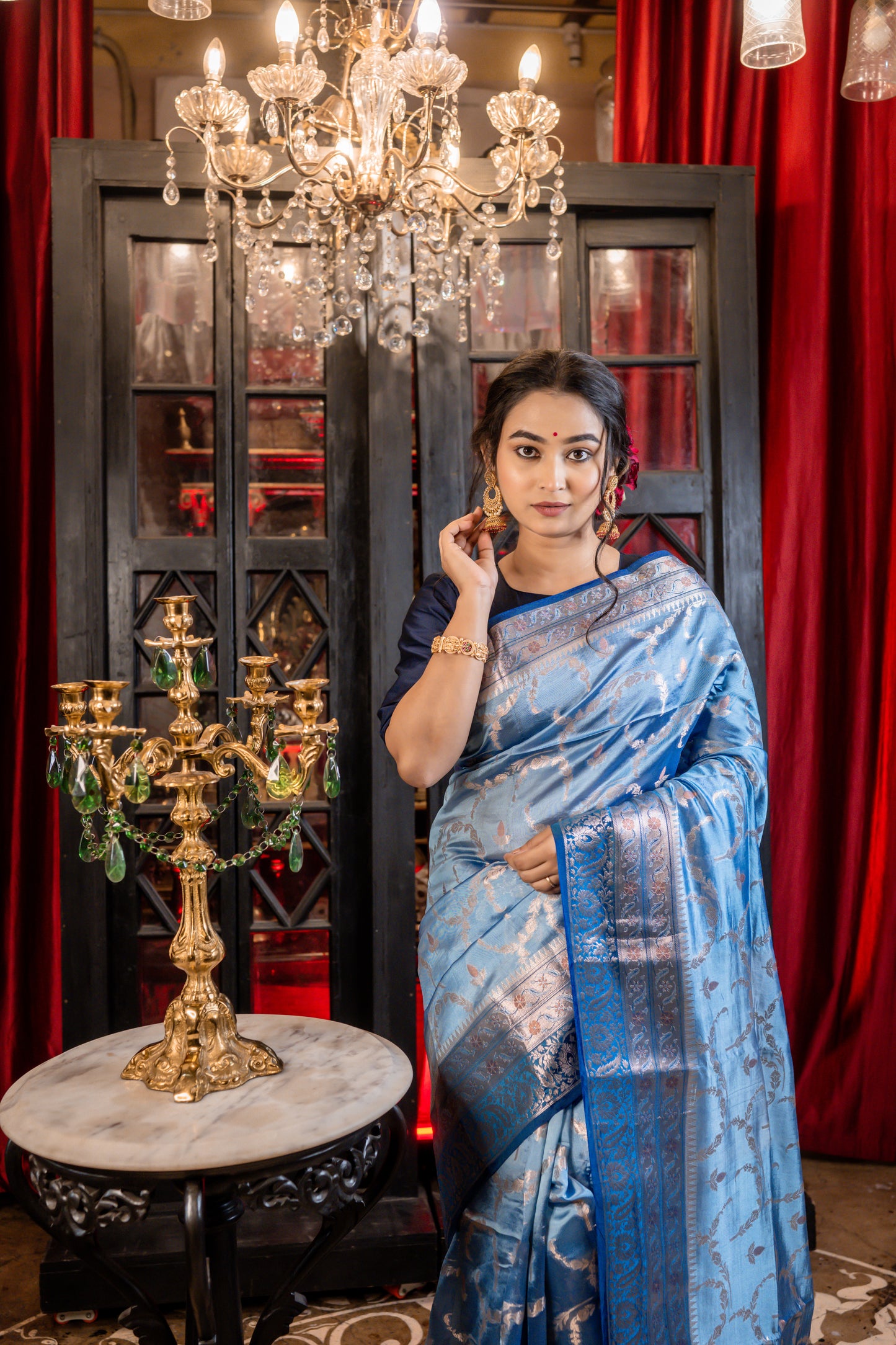 Dusty Blue Katan Resham with Zari Jaal work