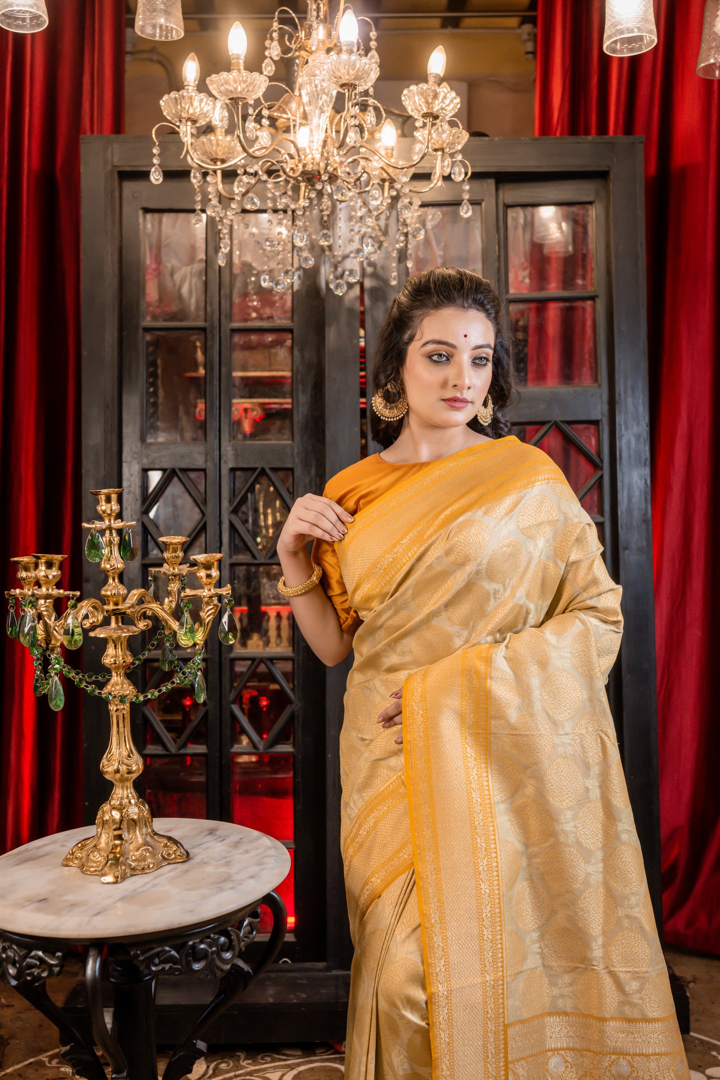 Beige Matka Silk with all over tree motif in Zari and mustard yellow highlights & border