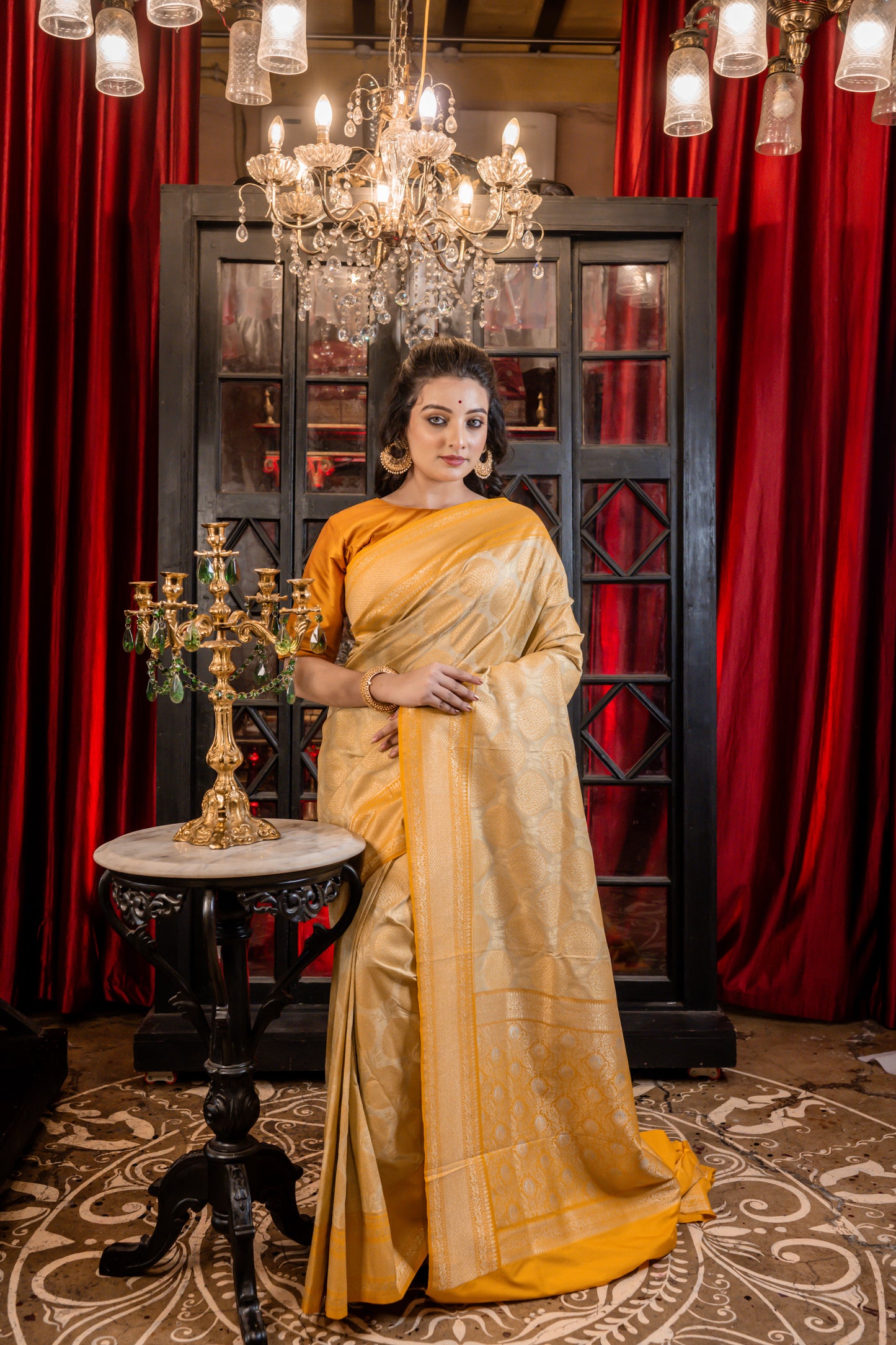 Beige Matka Silk with all over tree motif in Zari and mustard yellow highlights & border